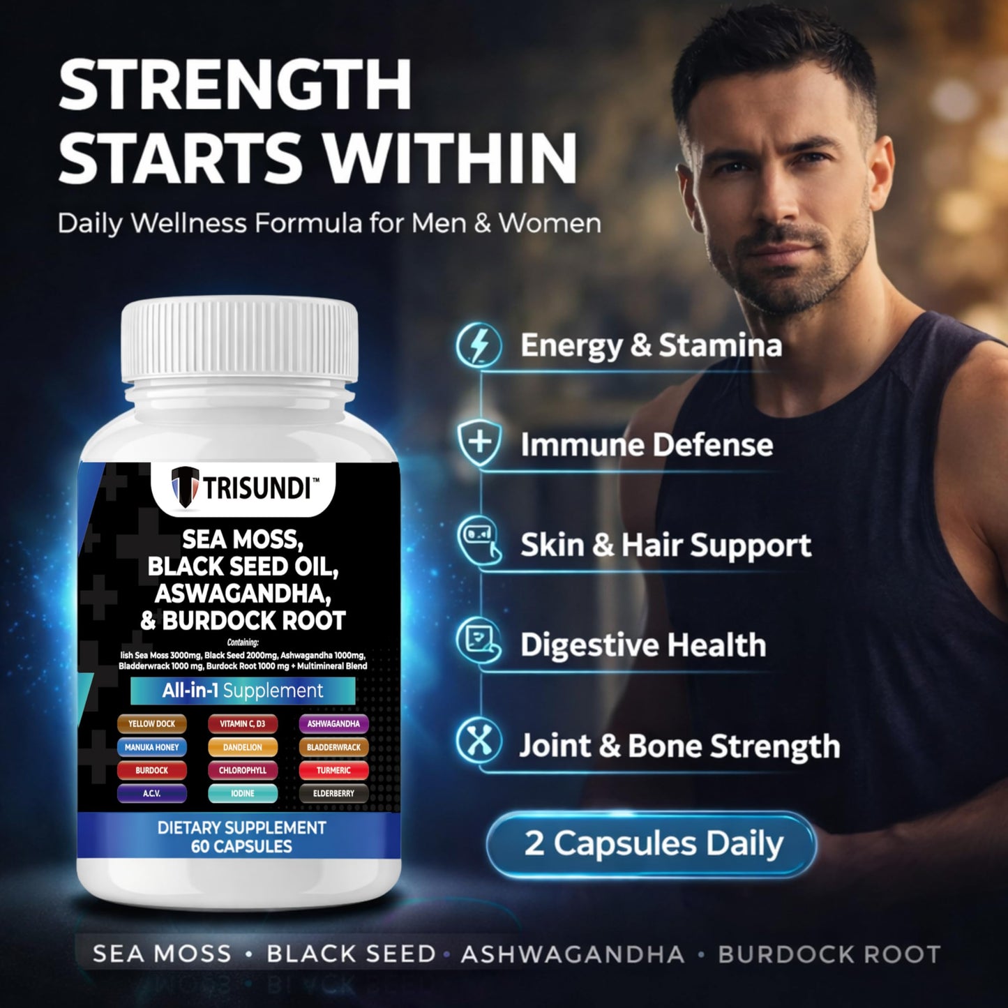 Trisundi Sea Moss Complex with Black Seed Oil, Ashwagandha & Burdock Root All-in-One Herbal Supplement with Vitamins & Minerals, 60 Capsules