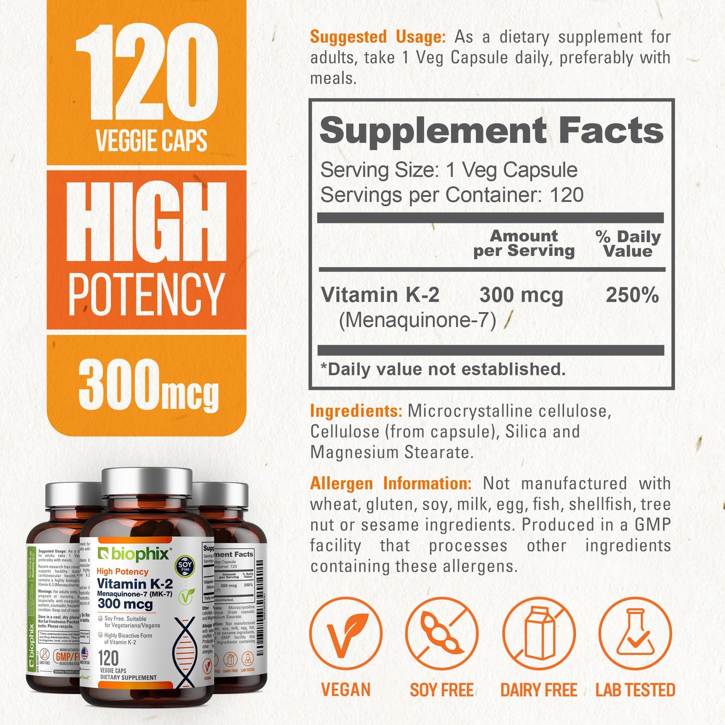 Biophix Vitamin K2 MK-7 300mcg, 120 Capsules