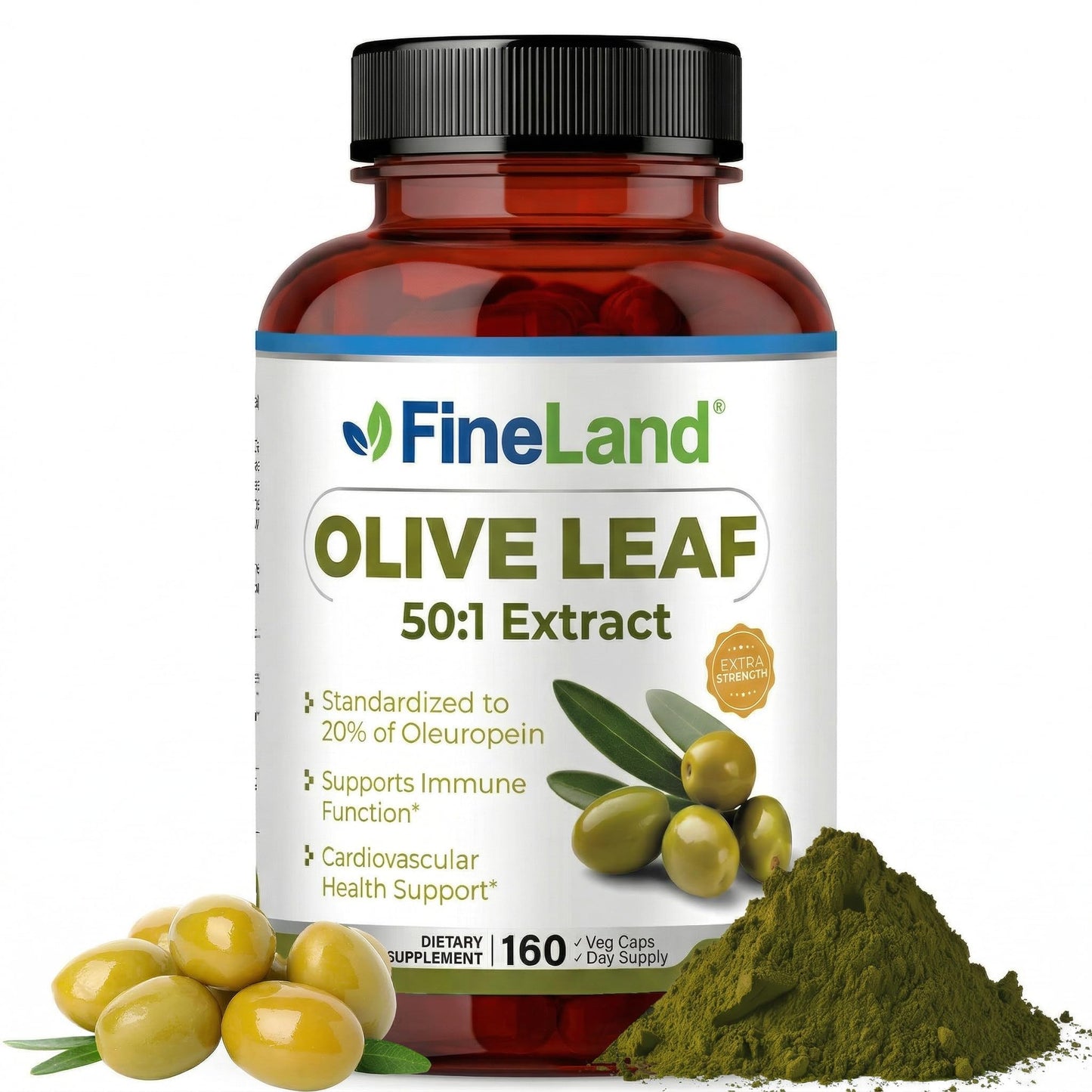 FineLand Olive Leaf 50:1 Extract with 20% Oleuropein Capsules, 160 Count