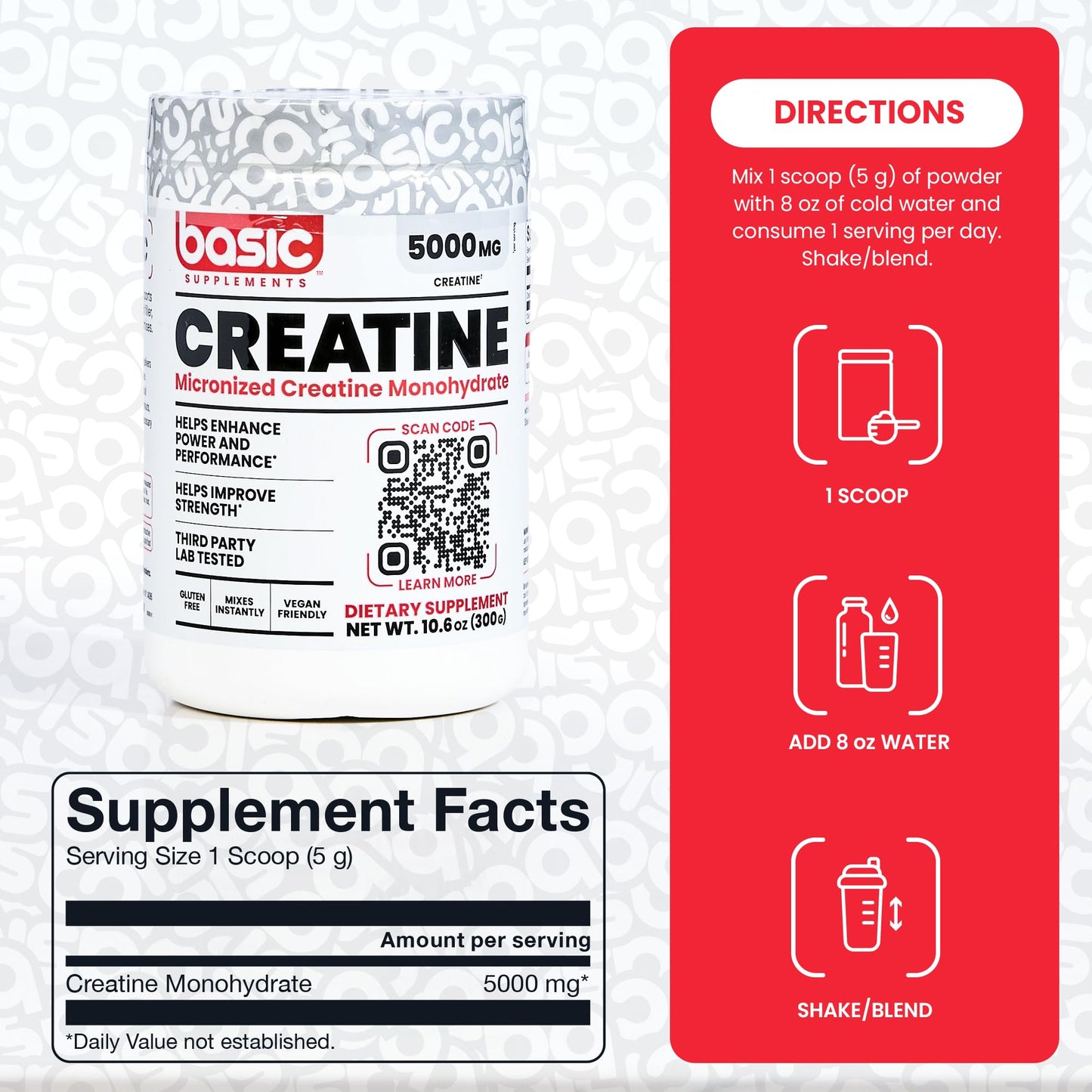 BASIC SUPPLEMENTS Micronized Creatine Monohydrate Powder, 10.6 oz