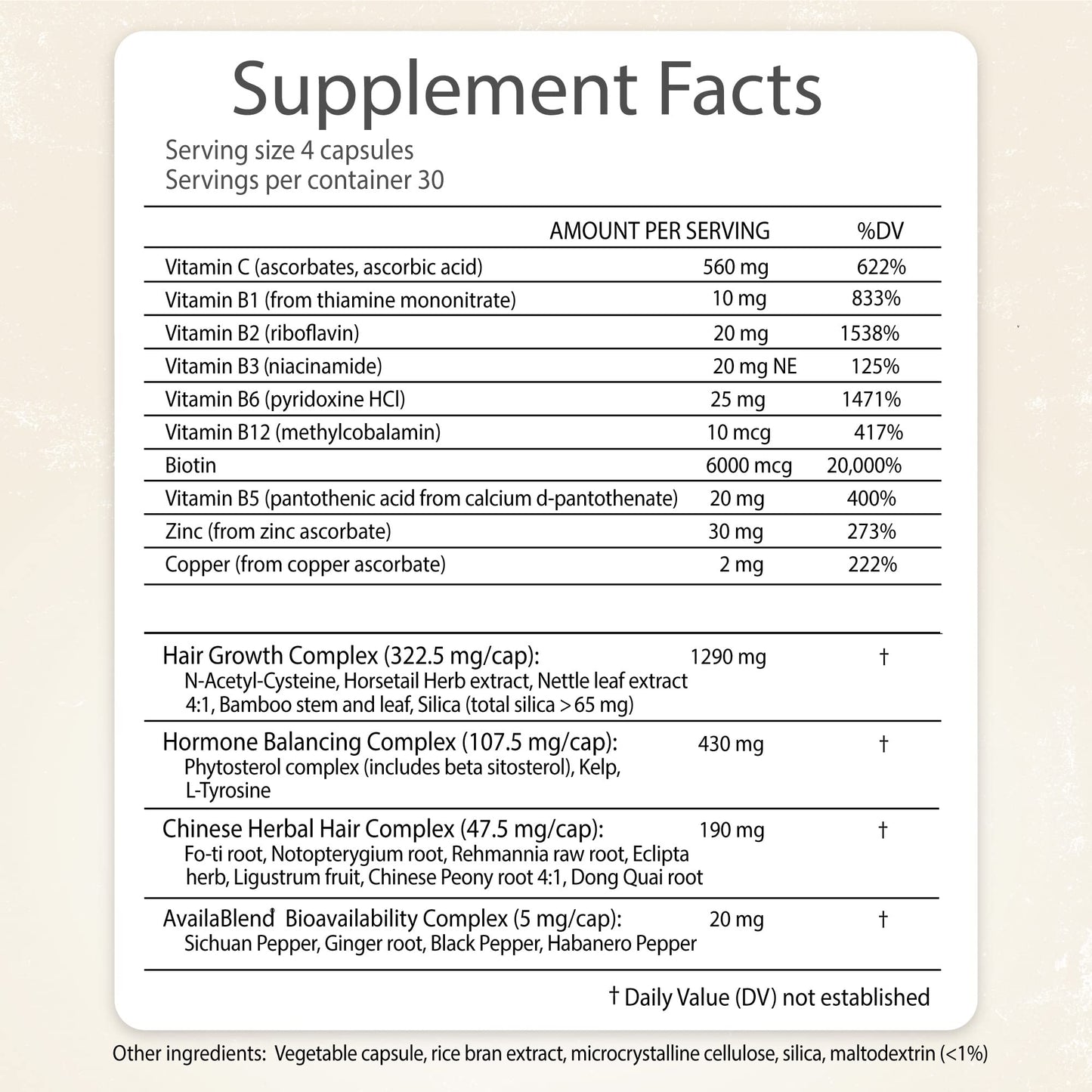 RidgeCrest Herbals Hair ReVive Nutritional Hair Supplement with Vitamin C, Biotin (6000mcg), Zinc, and Copper Capsules, 120 Count