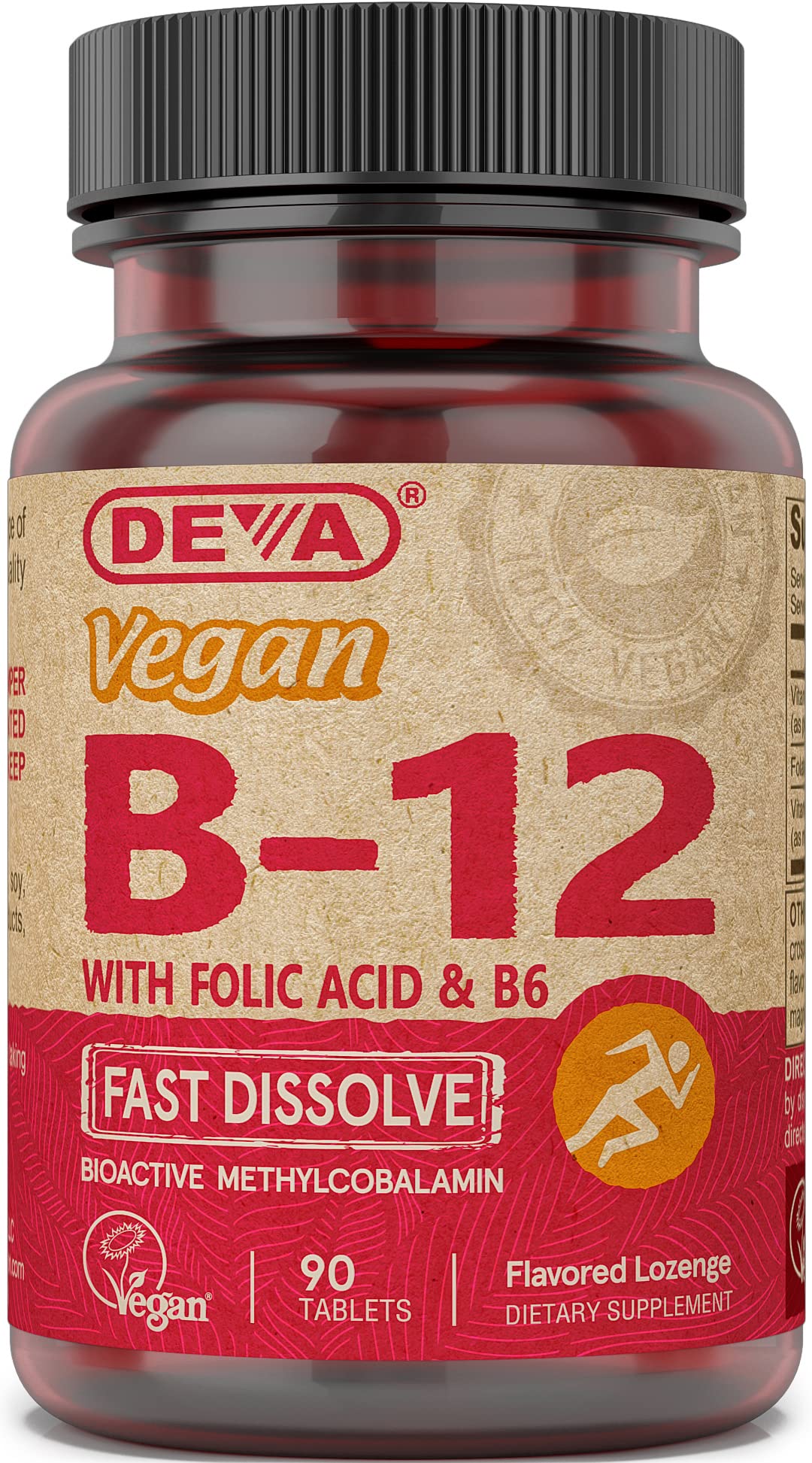 DEVA Vegan Vitamin B12 Fast Dissolve Supplement - Once-Per-Day Complex with 1000 mcg Methylcobalamin B12, Folic Acid, B6 - Lemon Flavor, 90 Tablets