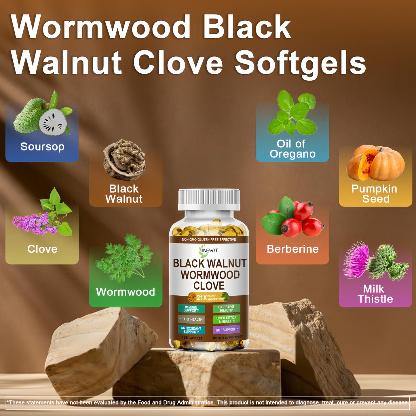 JINGYAT Wormwood Black Walnut Cleanse Softgels, 120 Count