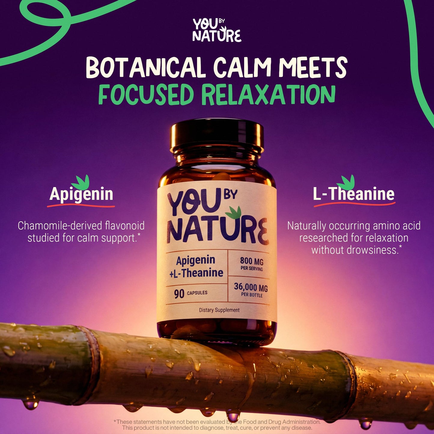 YOUBYNATURE Apigenin 200mg with L-Theanine 600mg Nighttime Supplement Veggie Capsules 90 Count