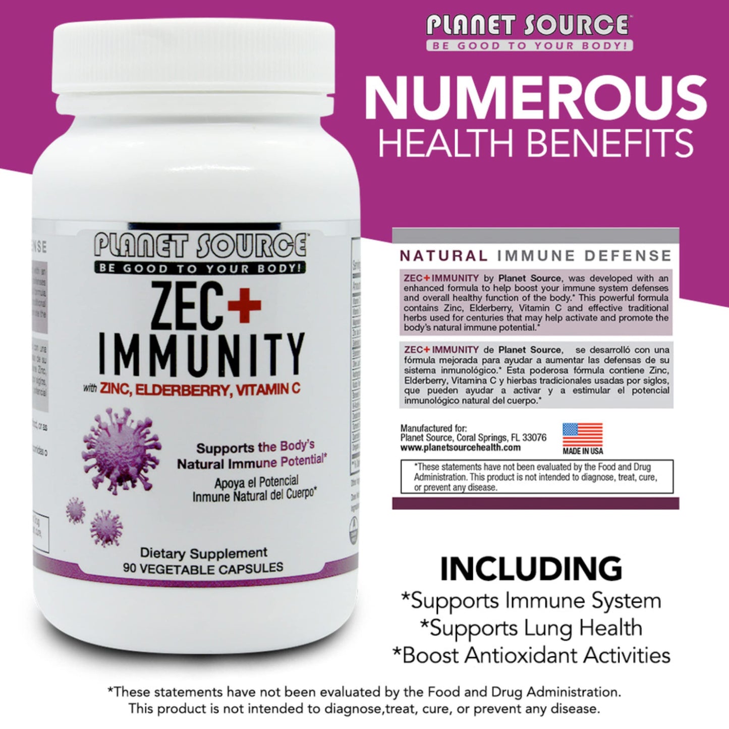 Planet Source ZEC+ Immunity Adult Vitamins with Zinc, Elderberry, and Vitamin C - Natural Elderberry Immune Support Veggie Capsules, 90 Count