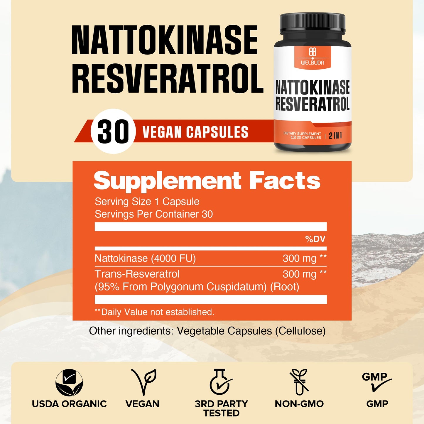 WELBUDA Nattokinase Supplement with Trans-Resveratrol Capsules, 30 Count