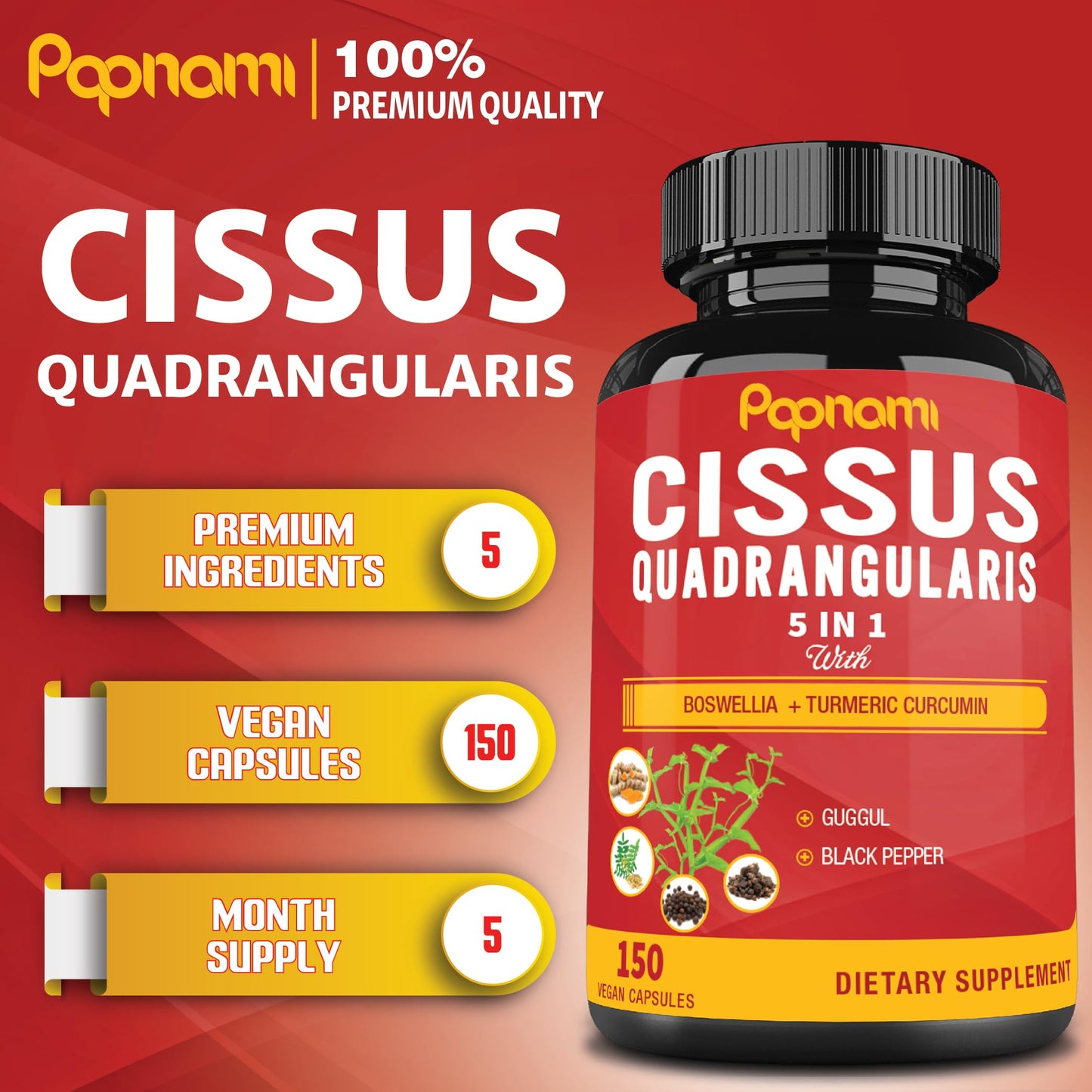 Papnami Cissus Quadrangularis Capsules with Boswellia, Guggul, Turmeric, Black Pepper Extract, 150 Capsules