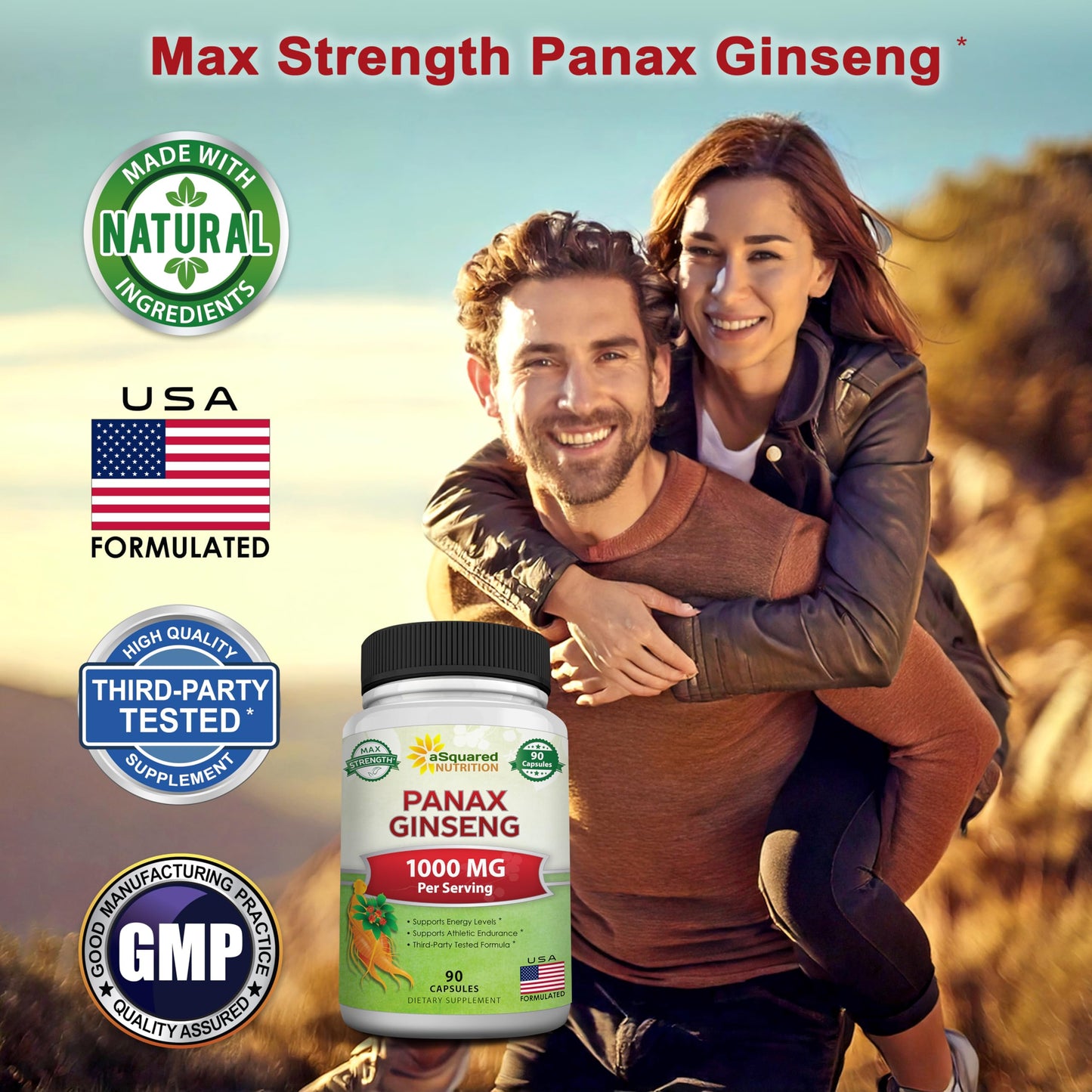 aSquared Nutrition Natural Korean Panax Ginseng 1000mg Max Strength Capsules 90 Count