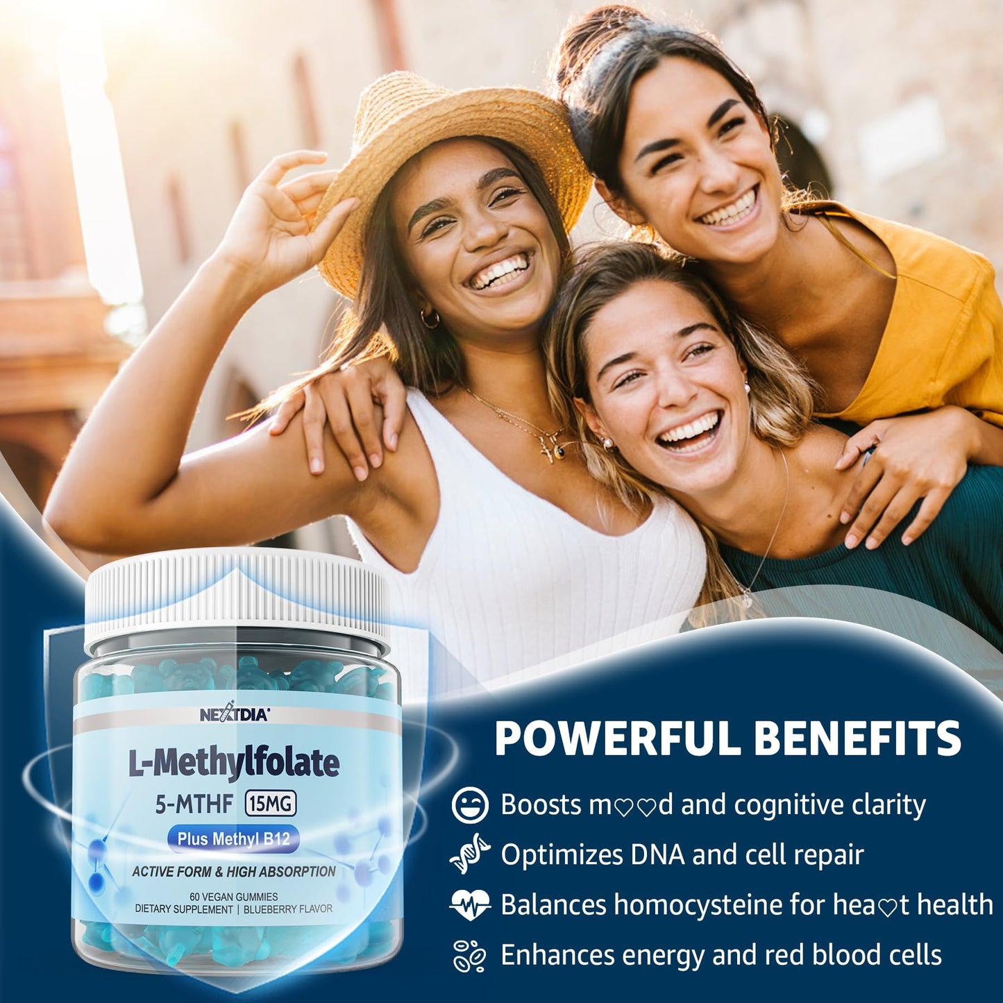 Nextdia Butyrate with Probiotic + Prebiotic + Postbiotic, L-MethylFolate 15mg Gummies, 180 Gummies