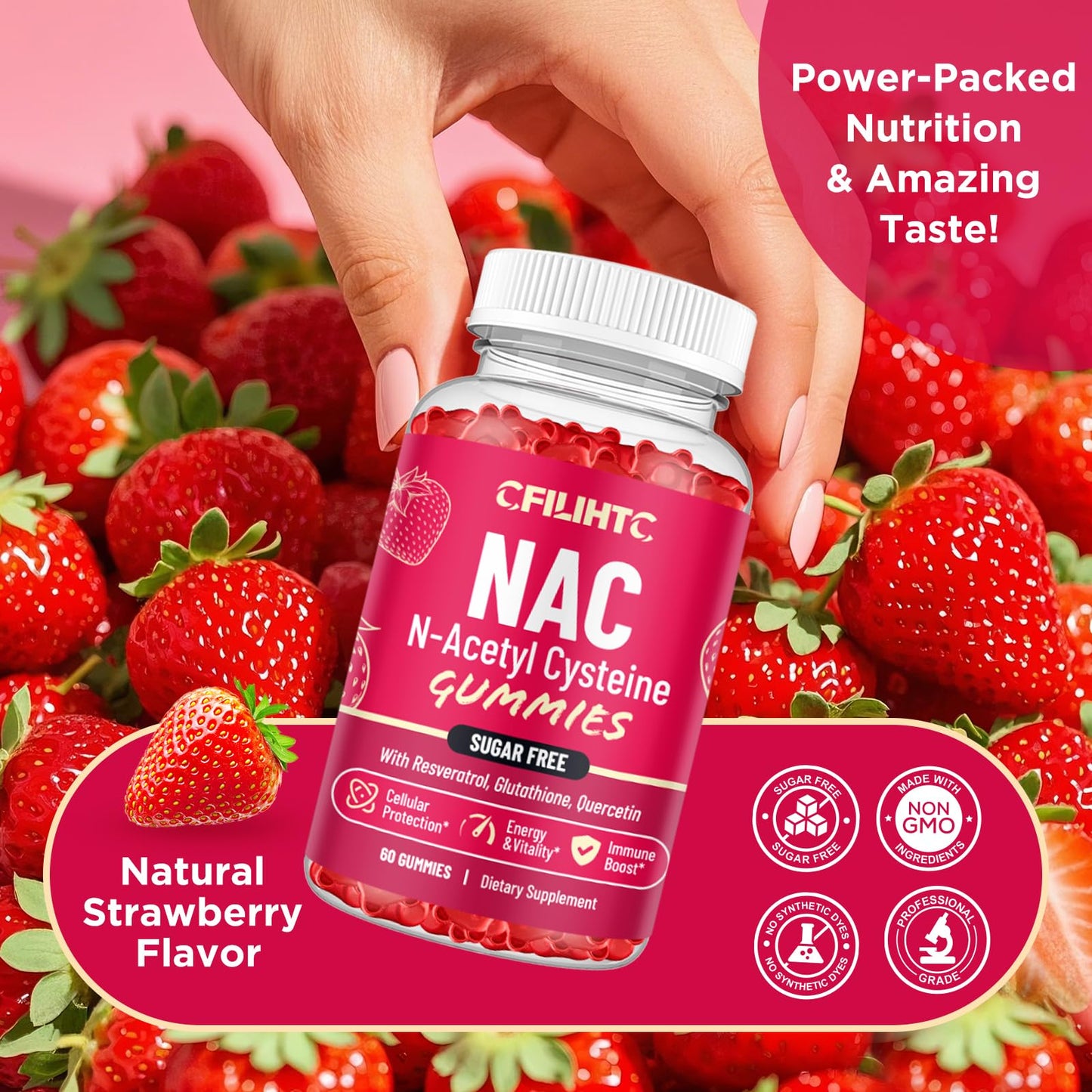 CFILIHTC NAC Gummies 600mg with N-Acetyl Cysteine, Glutathione, Resveratrol, Magnesium, CoQ10 for Antioxidants & Immune Support, Strawberry Flavor, 60 Gummies