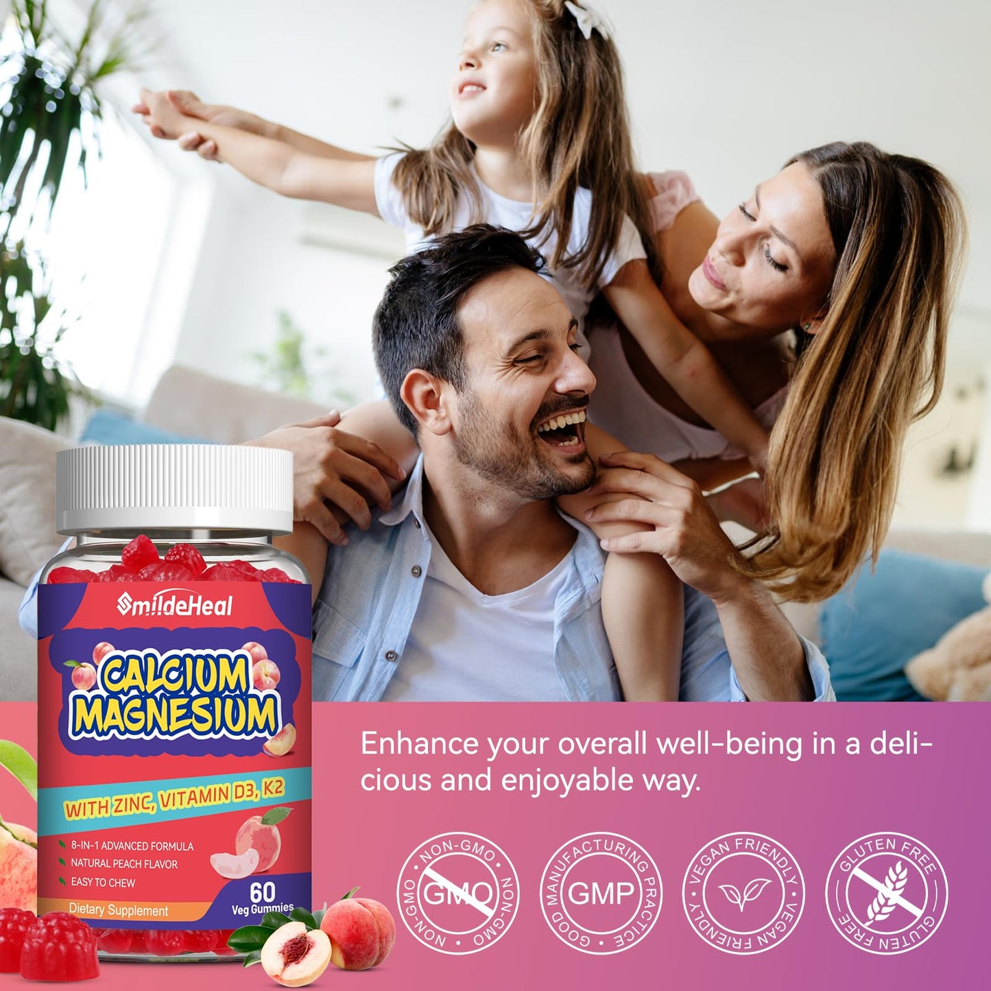 SmildeHeal Calcium Magnesium Zinc Gummies with Vitamin D3 - High Absorption Complex Calcium Supplement, Vegan, 120 Gummies