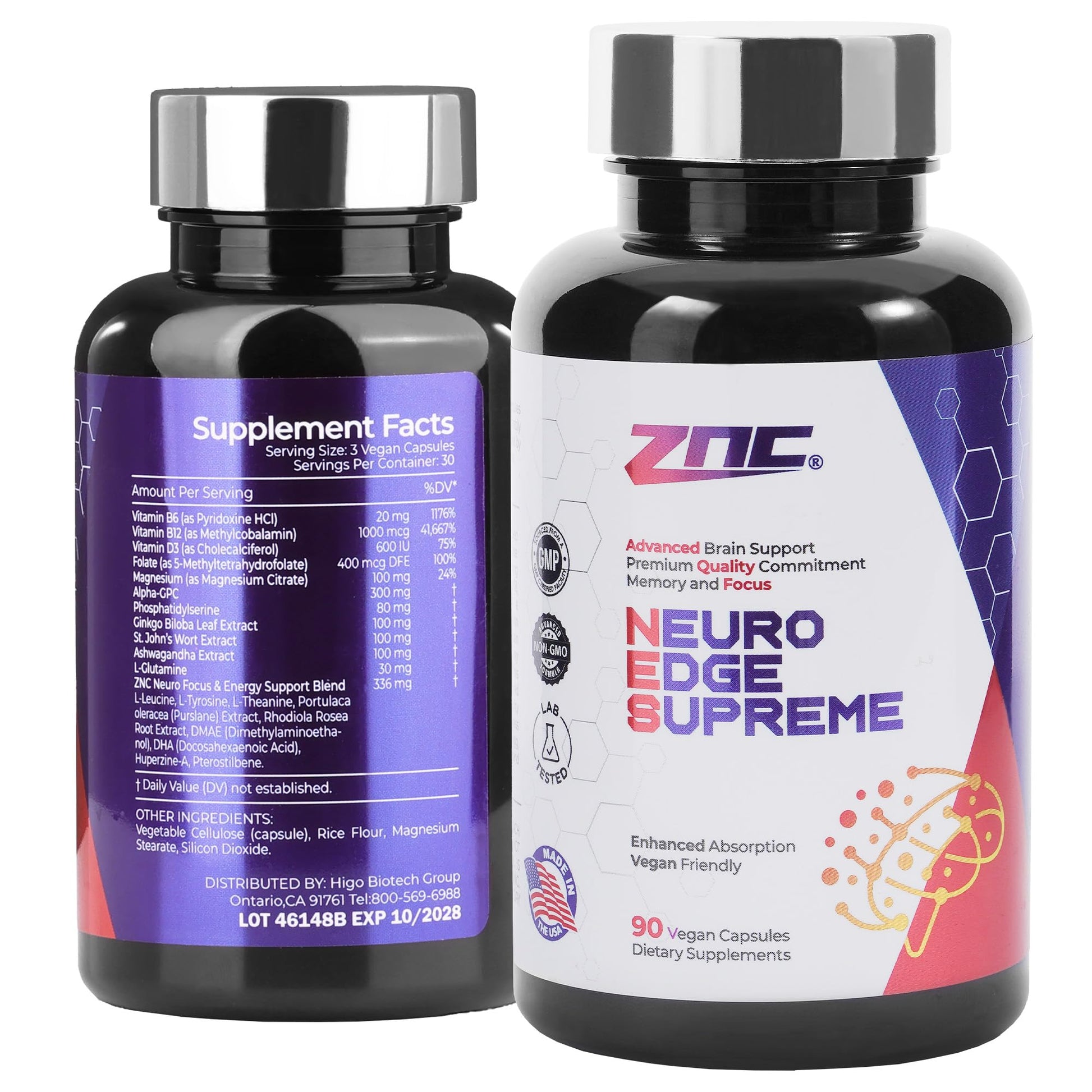 ZNC Brain Nootropic Supplement for Memory & Focus with Alpha GPC, Ginkgo Biloba, Bacopa Monnieri, Vitamin B6 & B12, Phosphatidylserine Softgel 90 Count