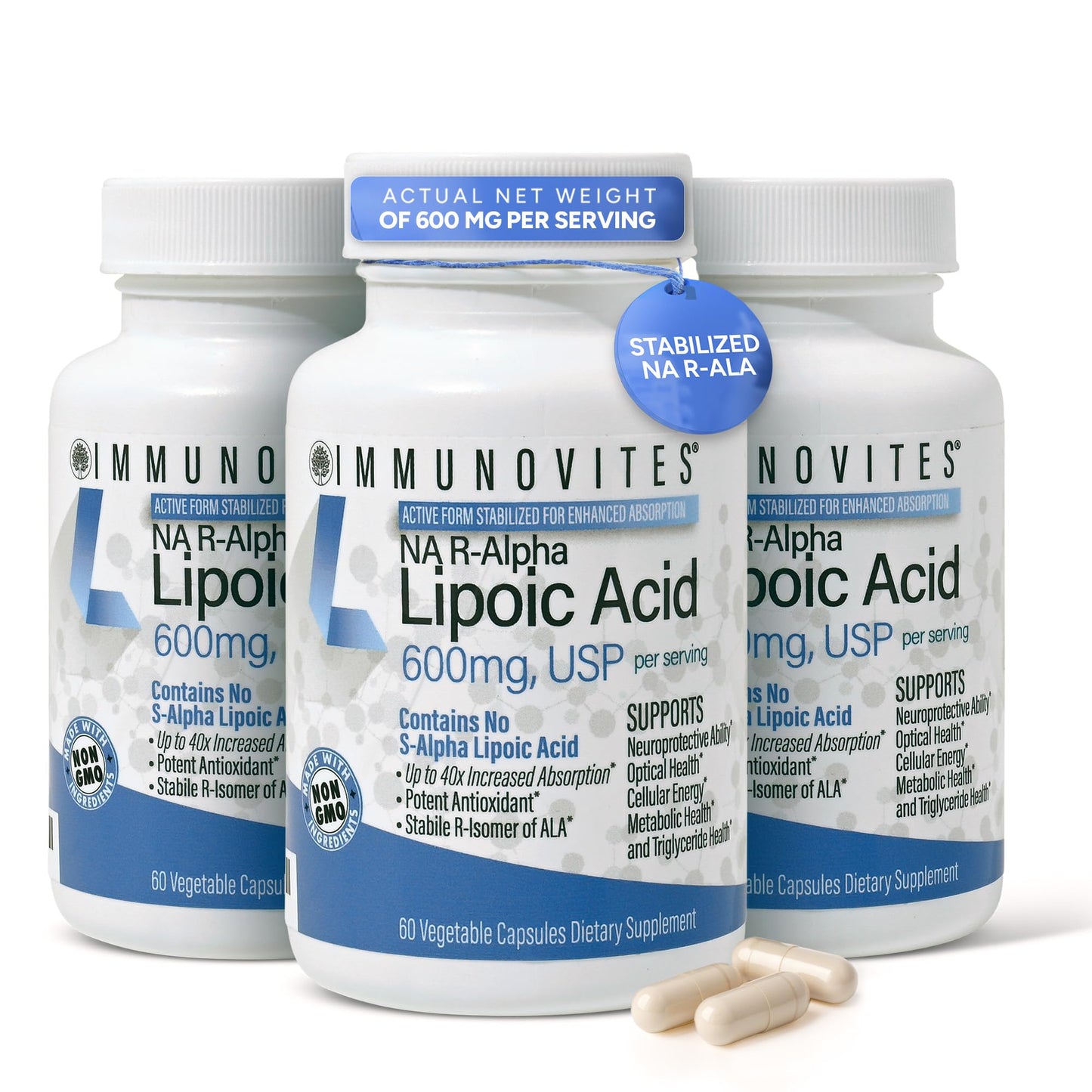 IMMUNOVITES Stabilized R-Alpha Lipoic Acid Capsule, 600mg per Serving, 3 Bottles