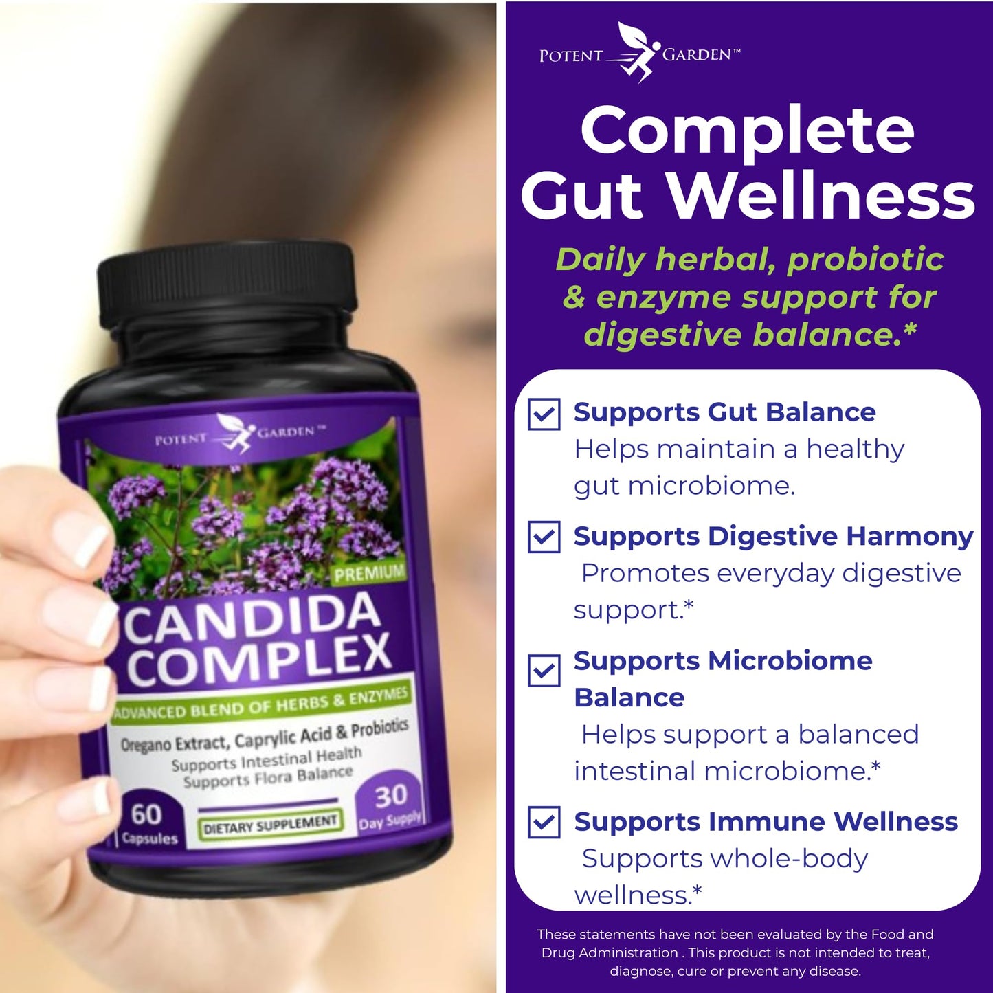 Potent Garden Candida Complex - Oregano and Caprylic Acid Blend, Gut Flora Balance Complex, Intestinal Health & Immune Support with Herbs & Probiotics, Gut Health Supplements for Women & Men, 60 Capsules