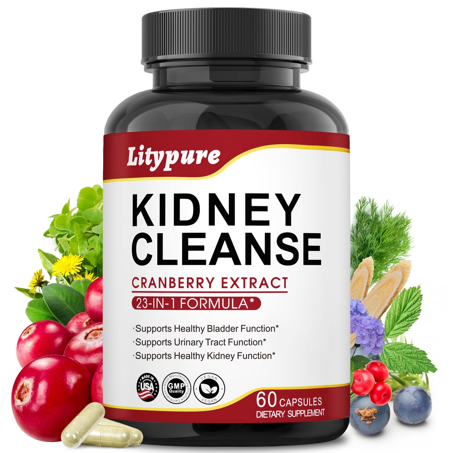 Litypure 23-in-1 Kidney Cleanse Detox & Repair with 50:1 Cranberry Extract, 60 Capsules
