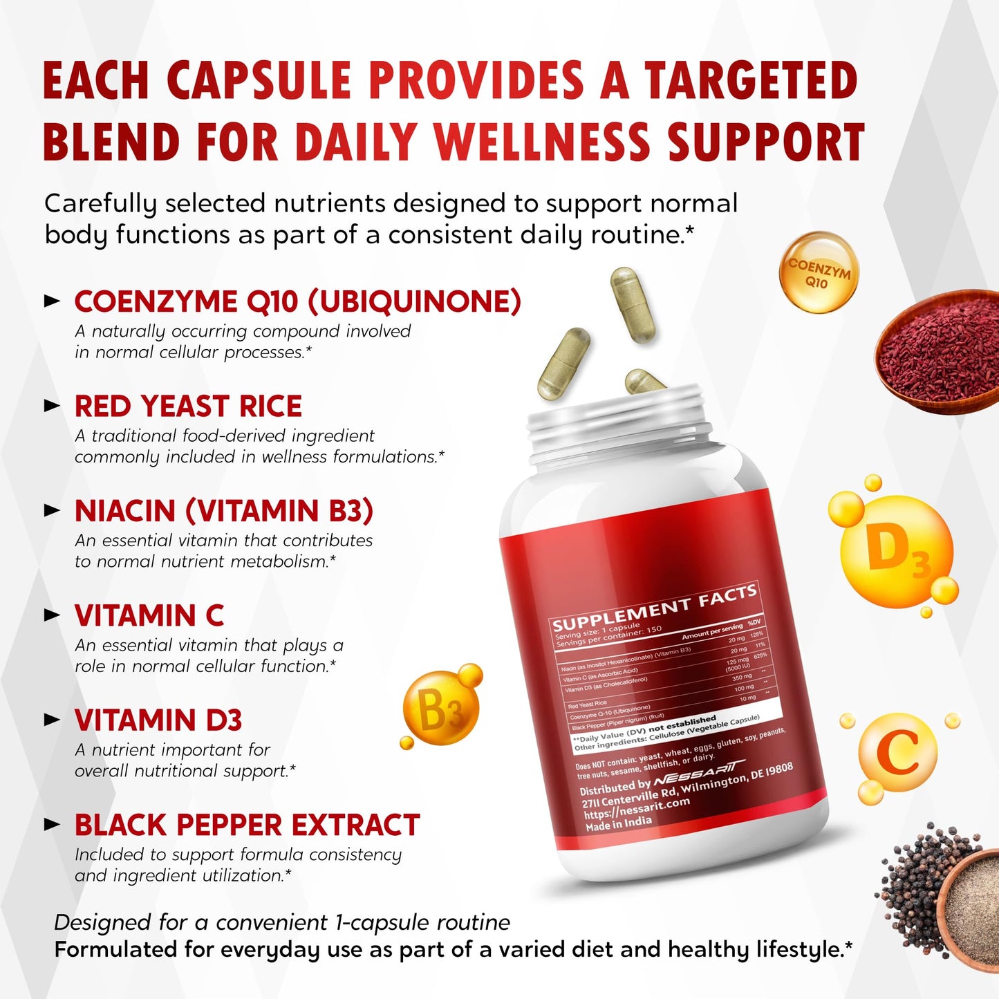 NESSARIT COQ10 + Red Yeast Rice Supplement - 10-in-1 Natural Blend with Omega 3 Vitamin B3, K2, D3, Zinc Milk Thistle Black Pepper Capsules 150 Count