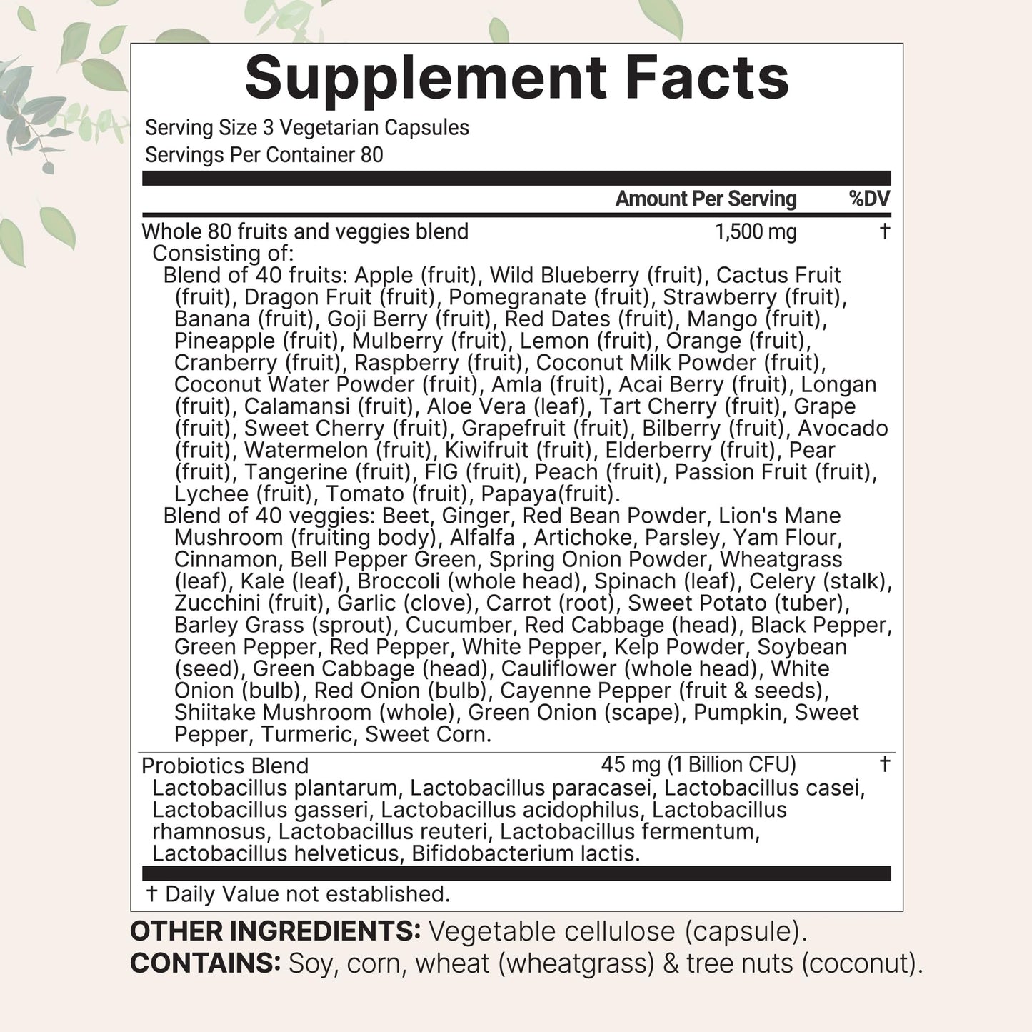 Micro Ingredients Fruit and Veggies Supplement with Probiotics Capsules, 240 Count