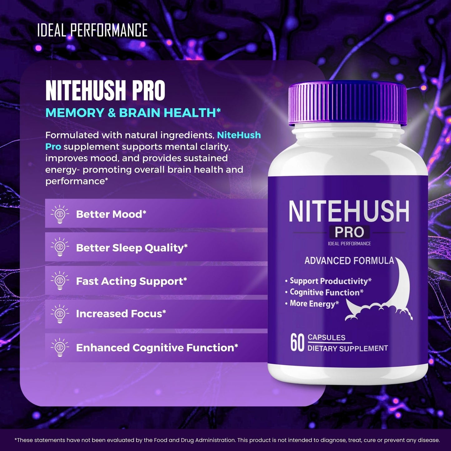 IDEAL PERFORMANCE Nite Hush Pro Brain Supplements for Memory and Focus Capsules, 60 Capsules