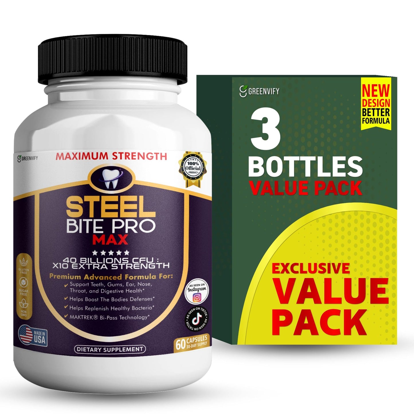 GREENVIFY Steel Bite Pro Max Probiotic Supplement, 40 Billion CFU, 180 Capsules