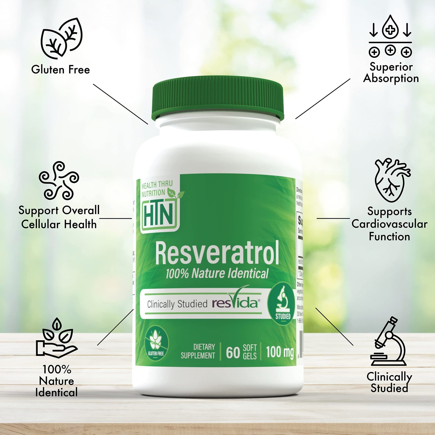 Health Thru Nutrition Resveratrol as ResVida 100mg Trans-Resveratrol Softgel, 60 Count
