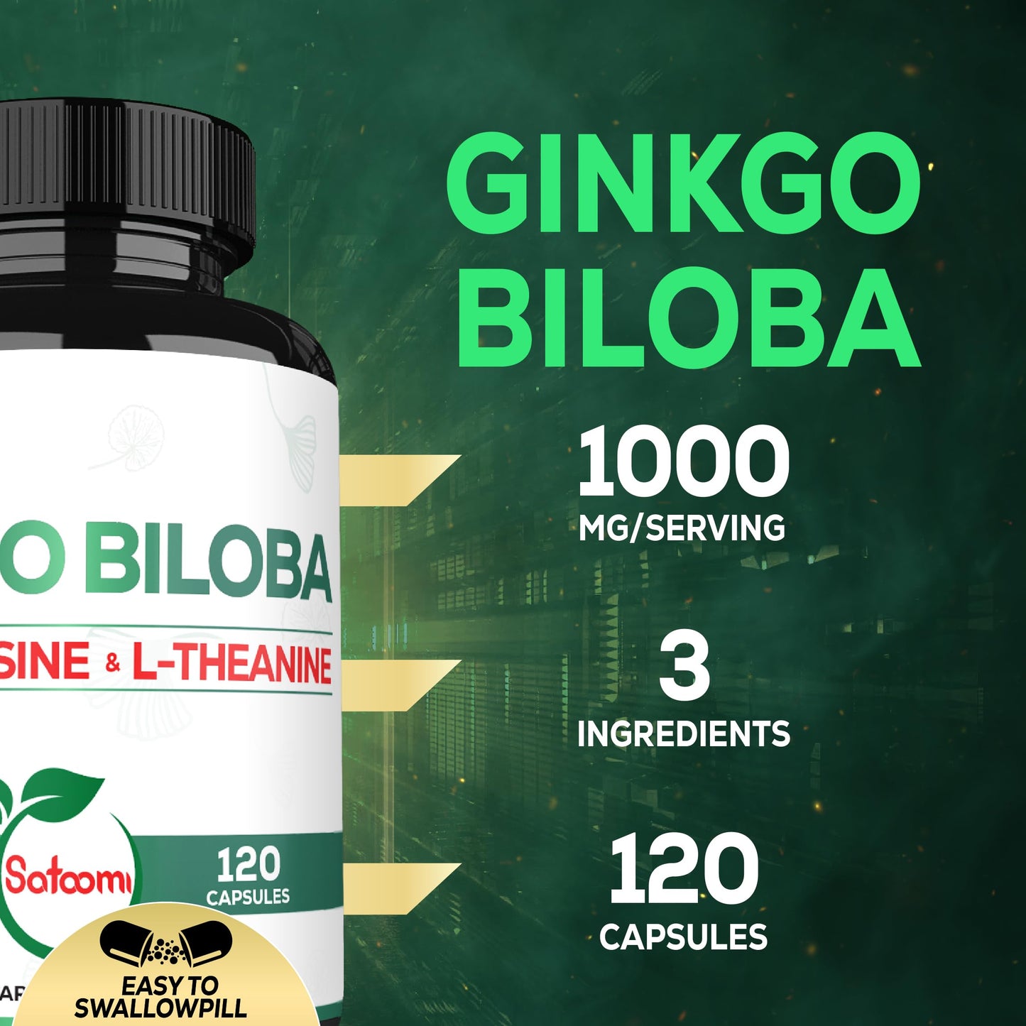 Satoomi 1000mg Ginkgo Biloba Supplements with L-Tyrosine, L-Theanine, 120 Capsules