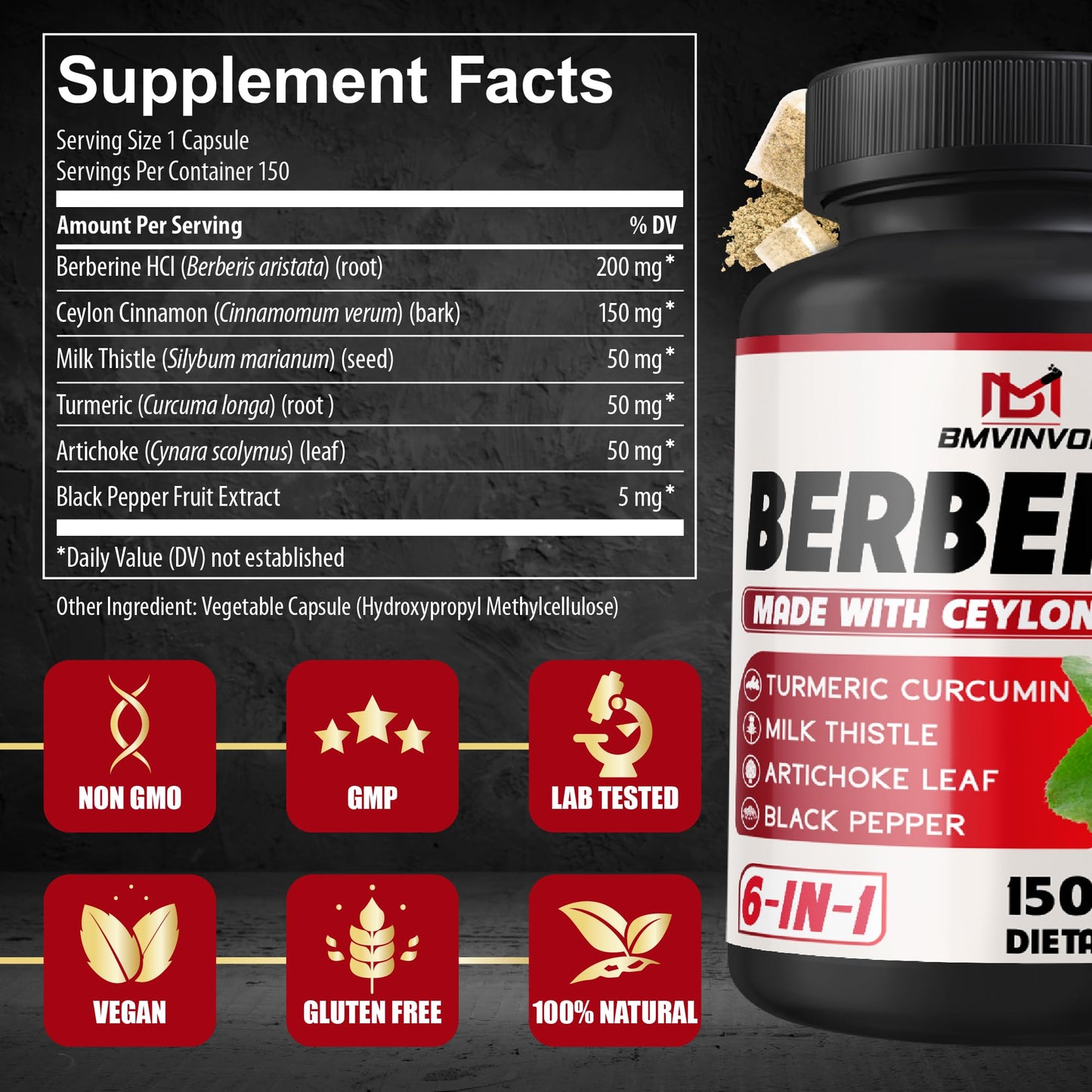 BMVINVOL Berberine HCl Capsule 150 Count