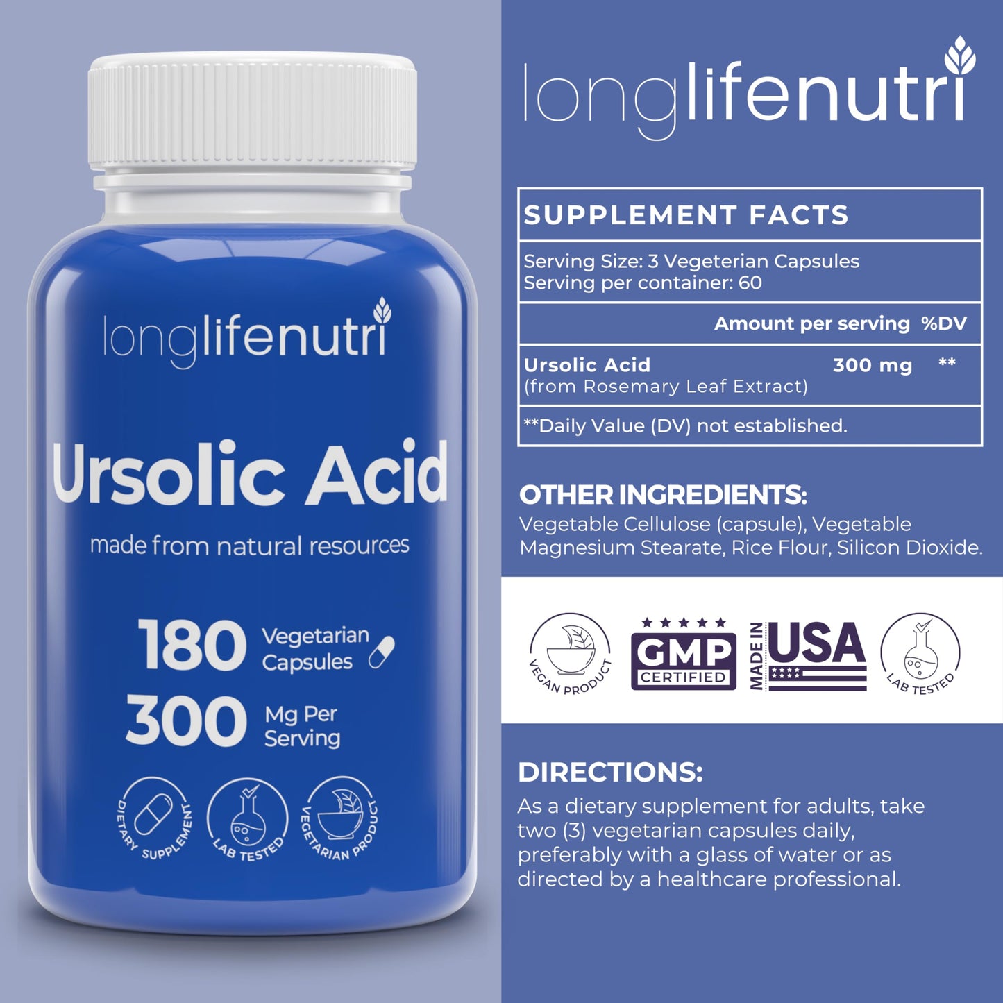 LongLifeNutri Ursolic Acid 300mg - Sourced from Rosemary Leaf Extract, 180 Capsules