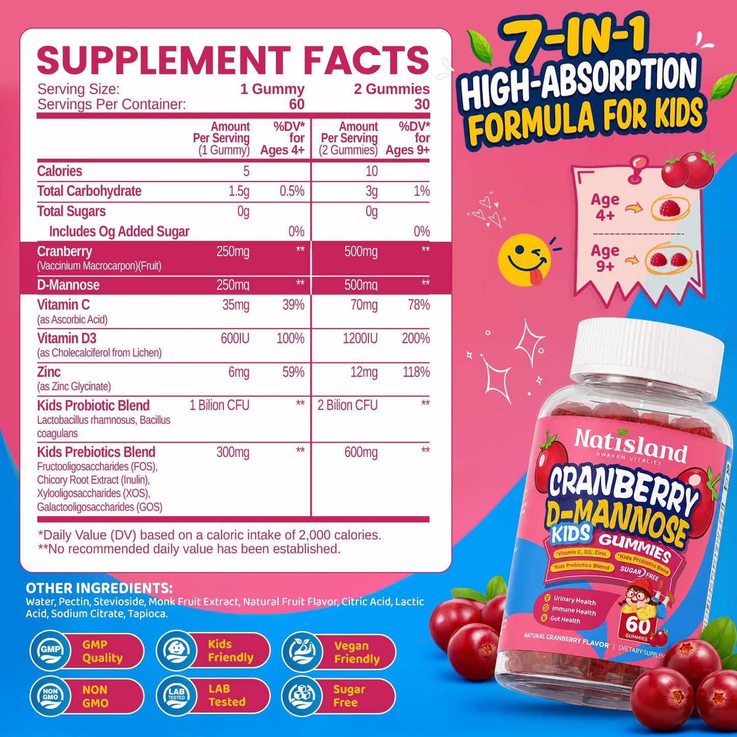 NATISLAND Cranberry & D-Mannose Gummies for Kids 4+ 60 Count