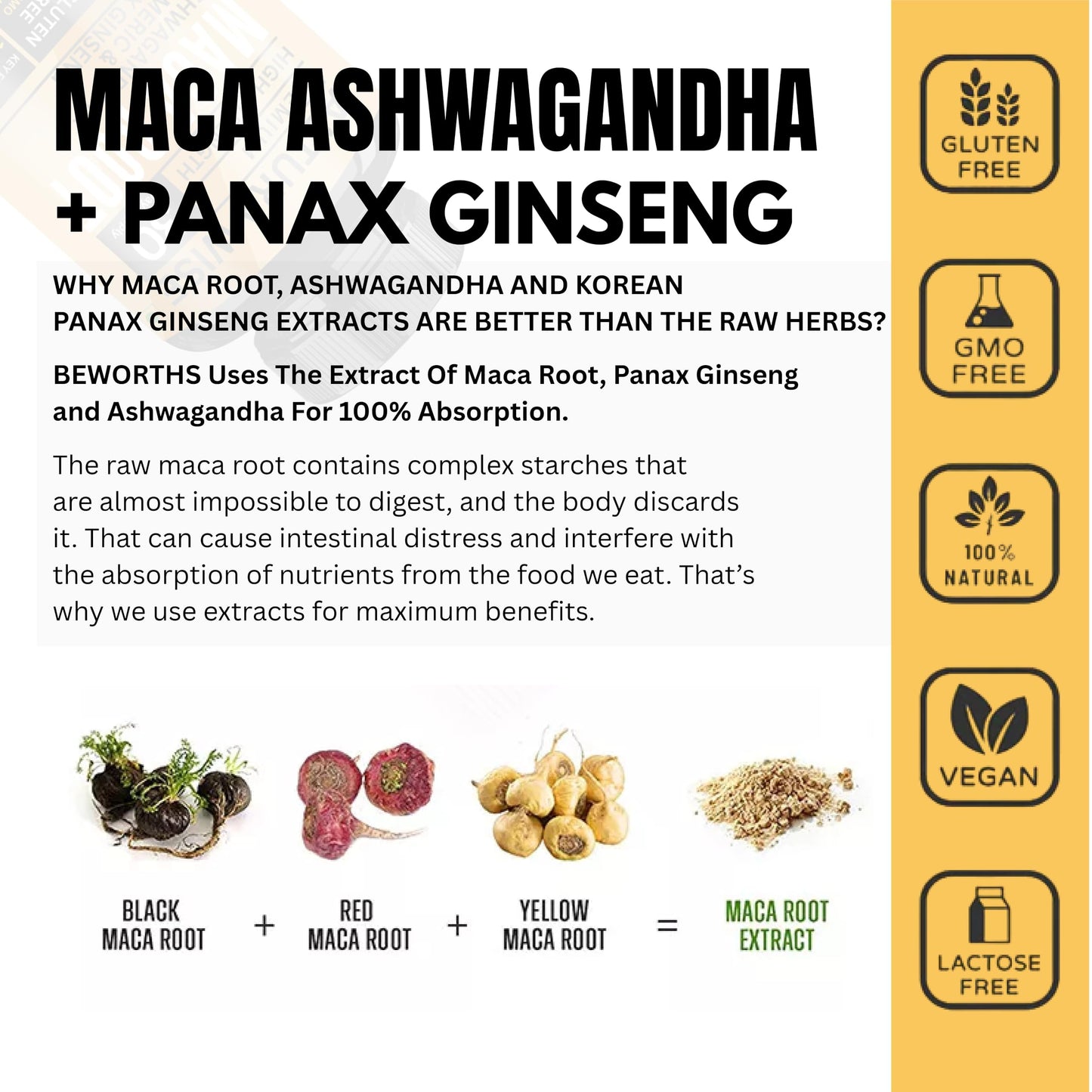 AlturaWise 5 in 1 Pure Maca Root Capsules for Men and Women with Ashwagandha & Panax Ginseng Extract, Black, Red & Yellow Maca, 90 Capsules