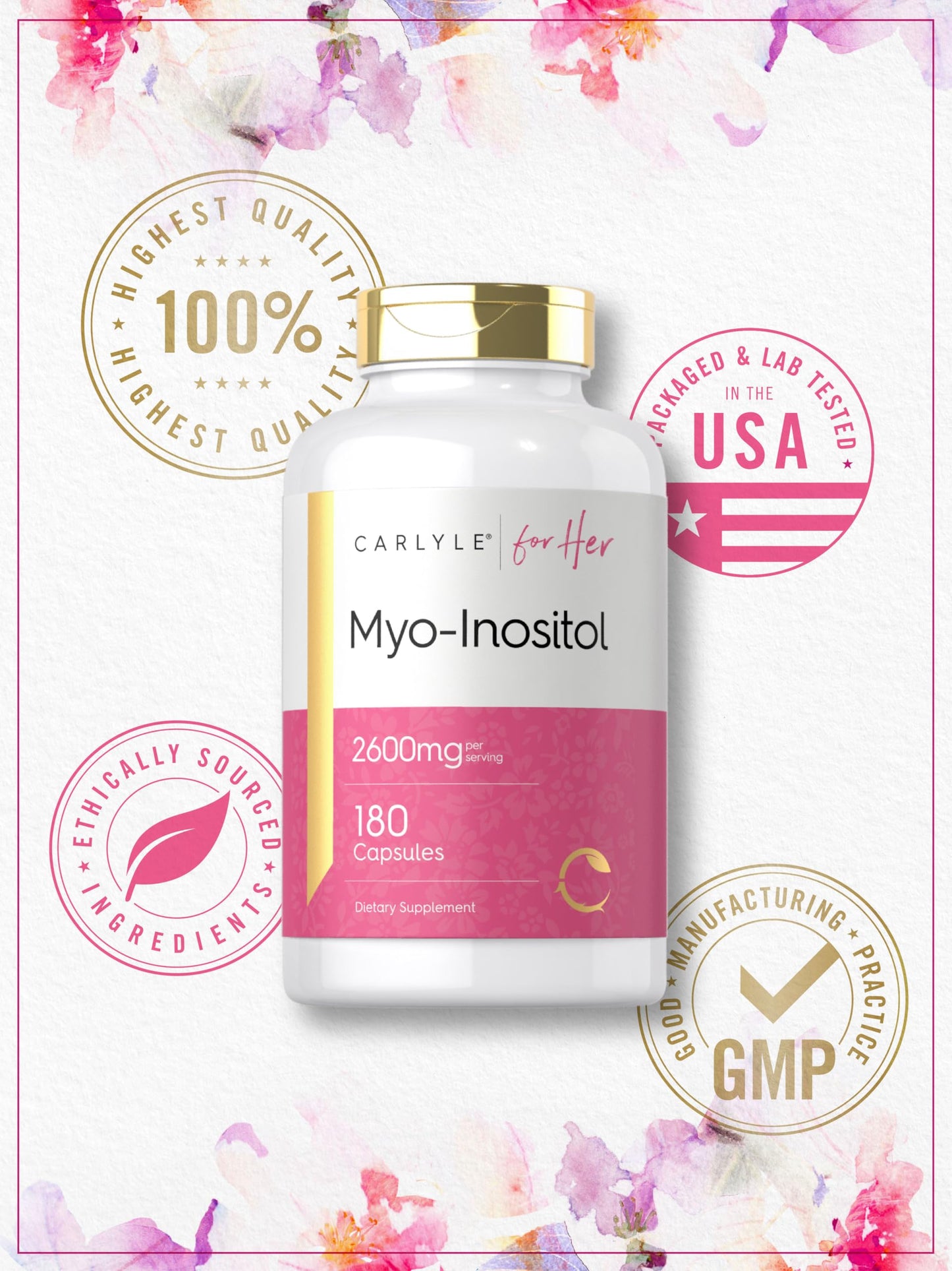 Carlyle Myo-Inositol Women's Supplement 2600mg Capsules, 180 Count
