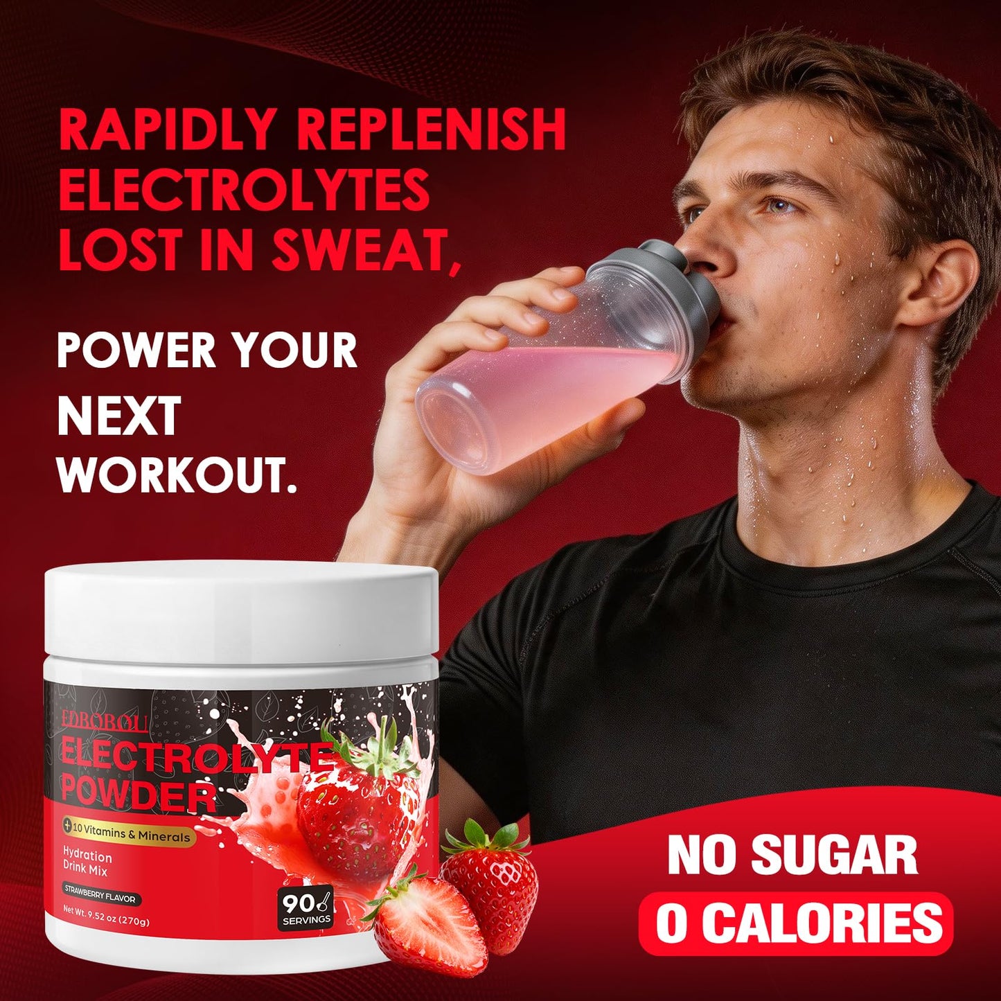 EDBOBOU Strawberry Sugar-Free Electrolyte Powder 9.52 Ounce