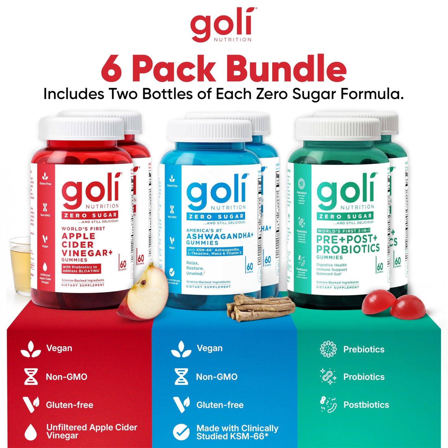 Goli Zero Sugar 6 Pack Bundle Apple Cider Vinegar Gummies with Vitamin B12, Probiotics, Vitamin D, Ashwagandha & L-Theanine, 360 Count