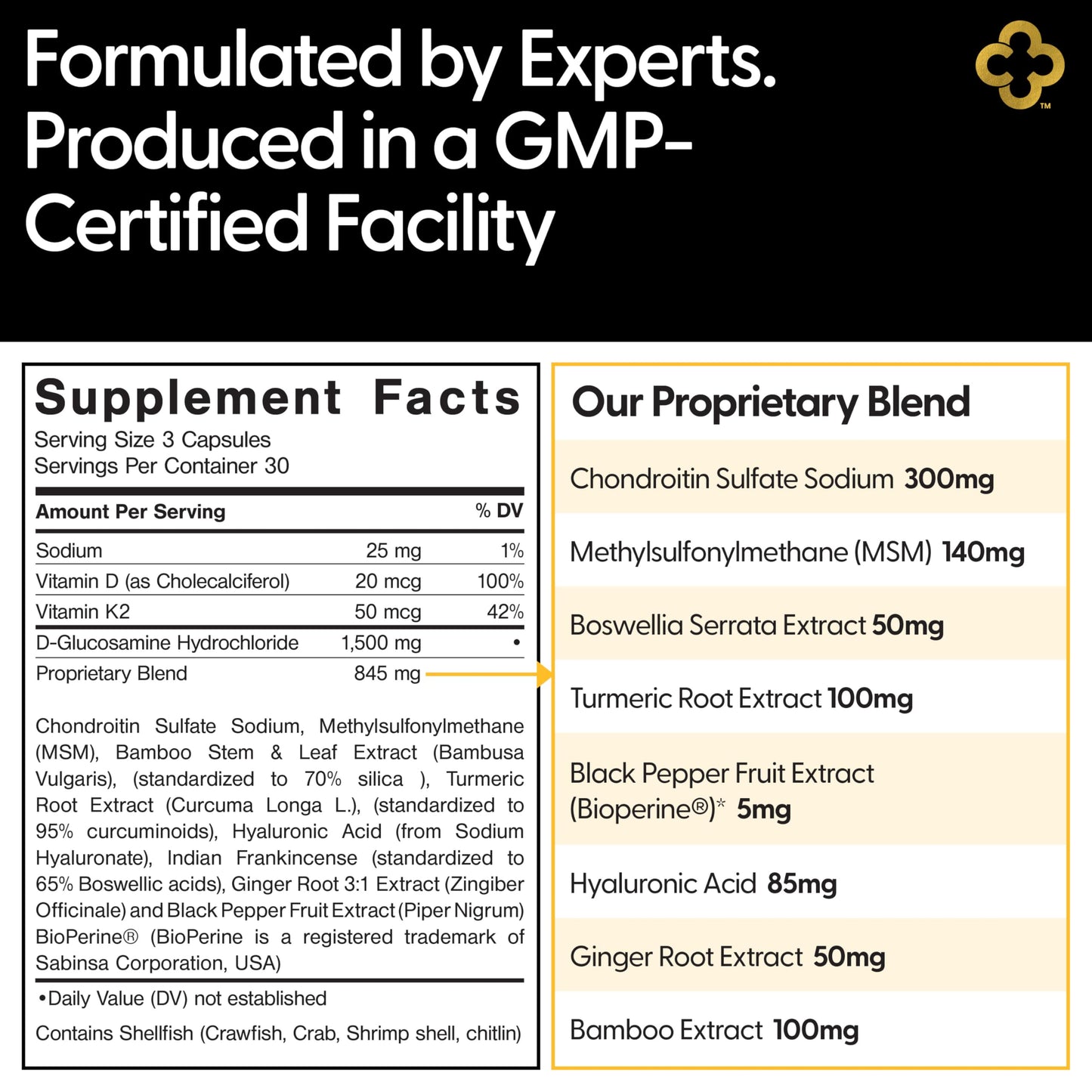 Campio All-In-1 Joint Support Supplement Glucosamine 1500mg Chondroitin MSM Turmeric Hyaluronic Acid Boswellia Ginger Bamboo BioPerine Capsule 90 Count