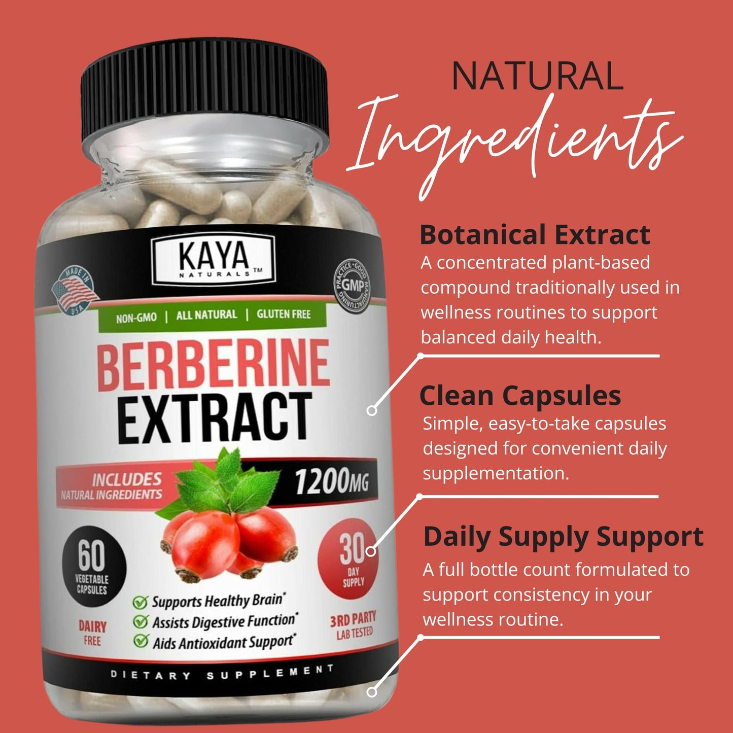 Kaya Naturals Berberine HCL Extract 1200mg Capsule, 60 Count