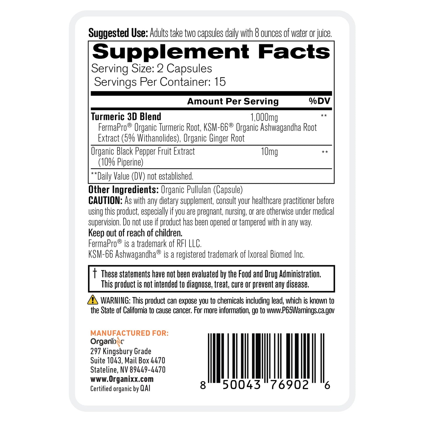Organixx USDA Organic Turmeric Curcumin Supplement with Ashwagandha, Vitamin D, Turmeric & Ginger – Fermented for Maximum Bioavailability, Capsule, 90 Count