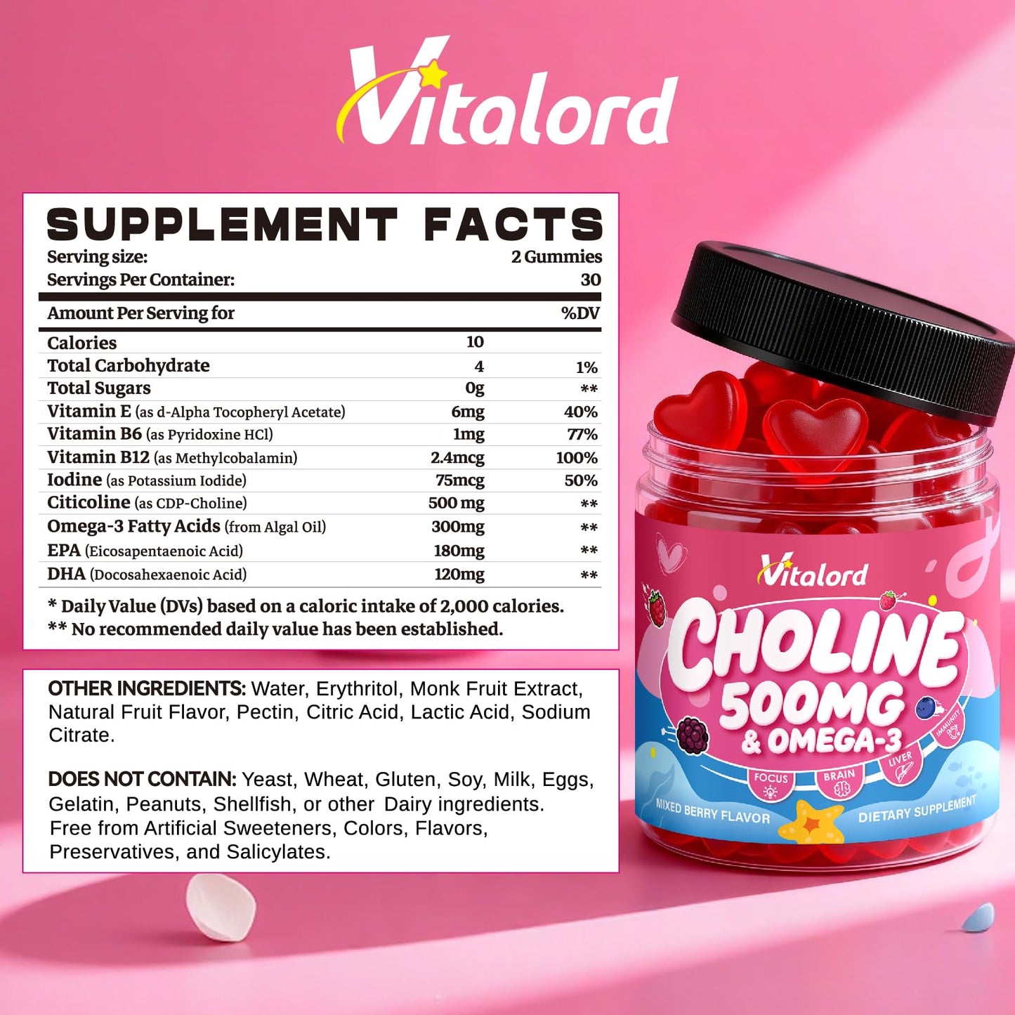 Vitalord CDP Choline with Omega-3 Gummies 500mg, 60 Count