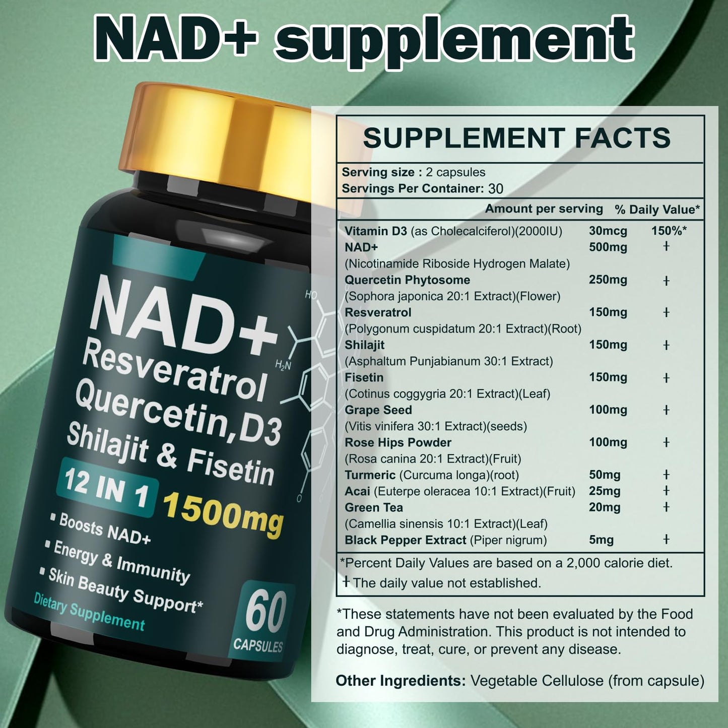 Dr. HR NAD+ Capsule 1500mg with Resveratrol, Vitamin D3, Quercetin & Fisetin – Supports Energy, Skin Health, Vitality & Immunity, 60 Capsules