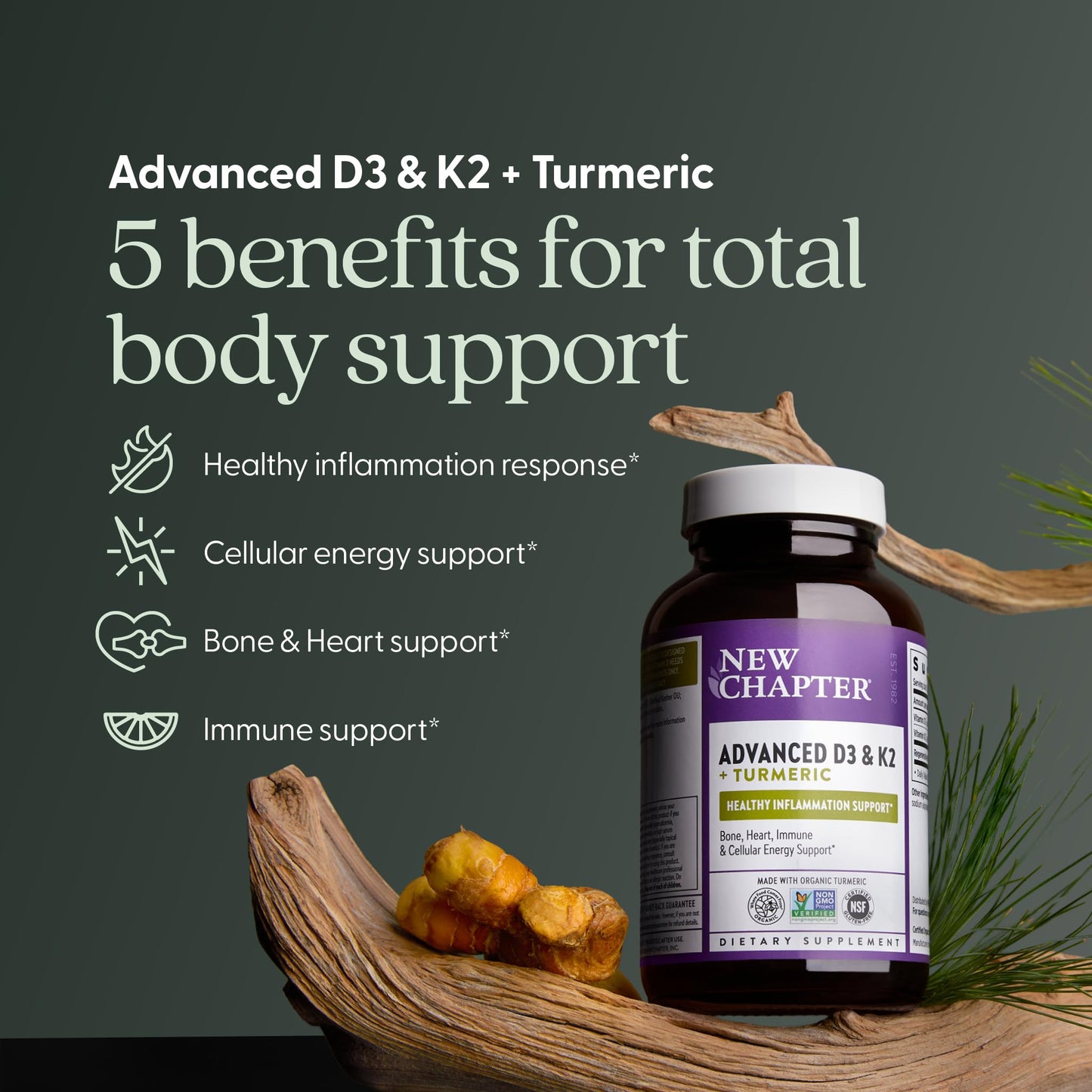 New Chapter Vitamin D3 5000 IU (125 mcg) & Vitamin K2 MK-7 (90 mcg) + Organic Turmeric Supplement for Bone, Heart, Cellular Energy & Immune Support + Healthy Inflammation Response*, 30 Vegan Capsules