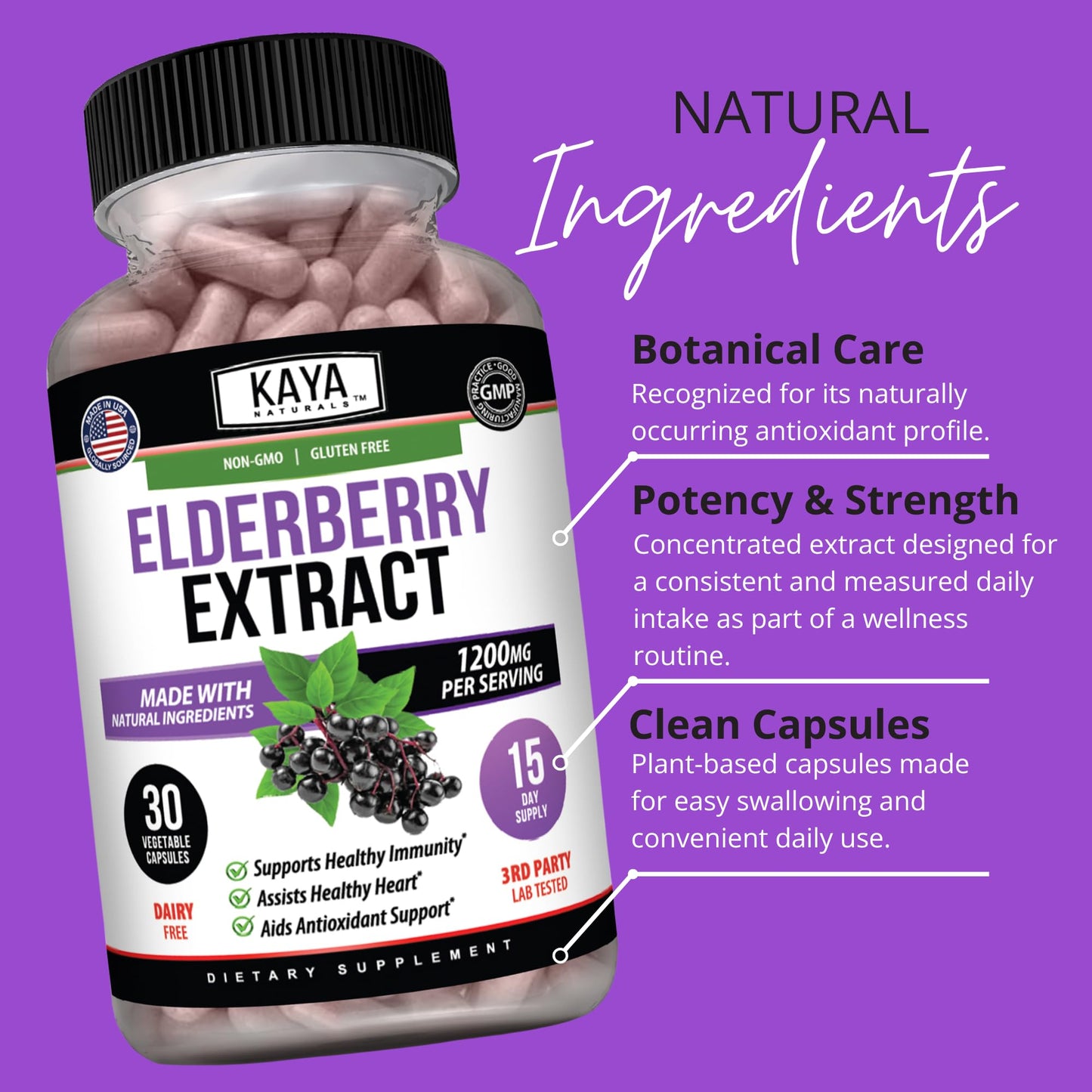 Kaya Naturals Elderberry Immune Support Sambucus Capsules, 30 Count