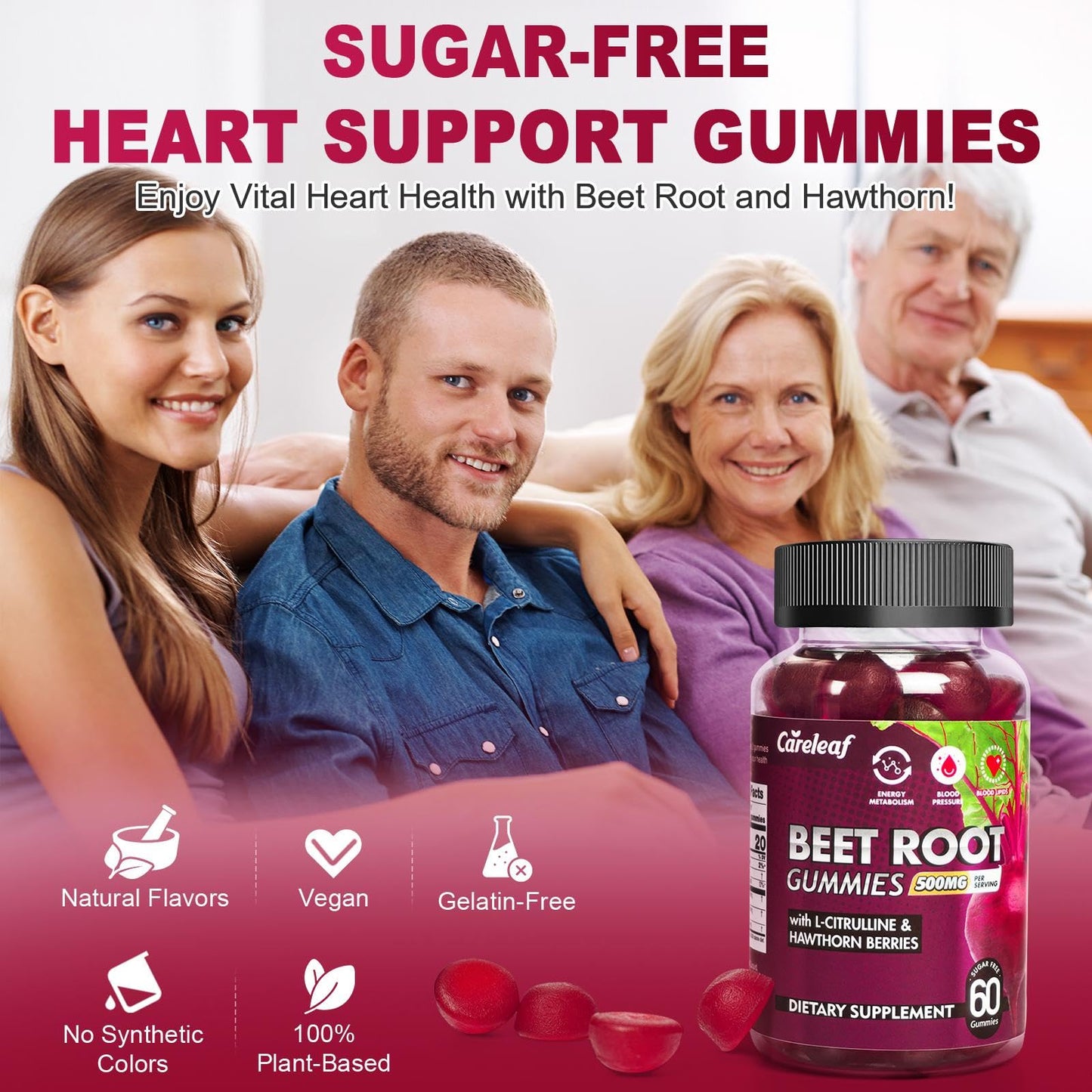 careleaf Sugar-Free Vegan Beet Root Gummies with L-Citrulline & Hawthorn Extract – Nitric Oxide Support – Peach Flavor, 60 Count