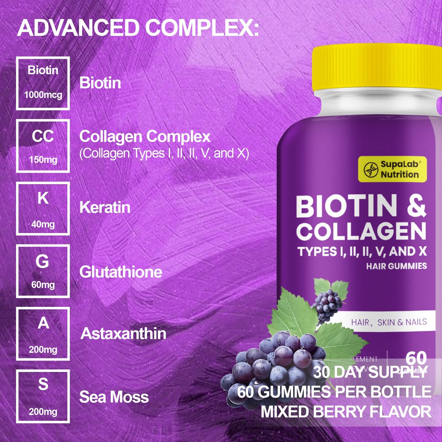 MEGNETA Biotin with Collagen Gummies for Skin, Hair, Nails, Joints & Bones Health, Grapefruit Flavor, 180 Gummies