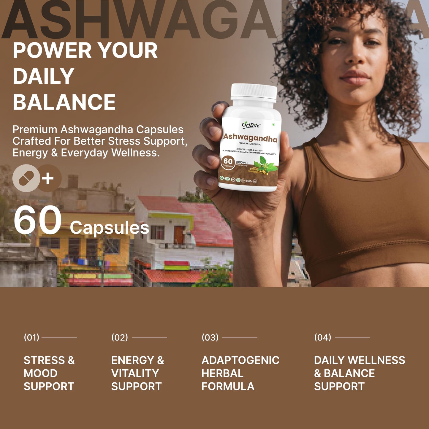 ORIBITE Ashwagandha 1000mg – High-Potency Root Extract (2.5% Withanolides) Vegan Capsules, 60 Capsules