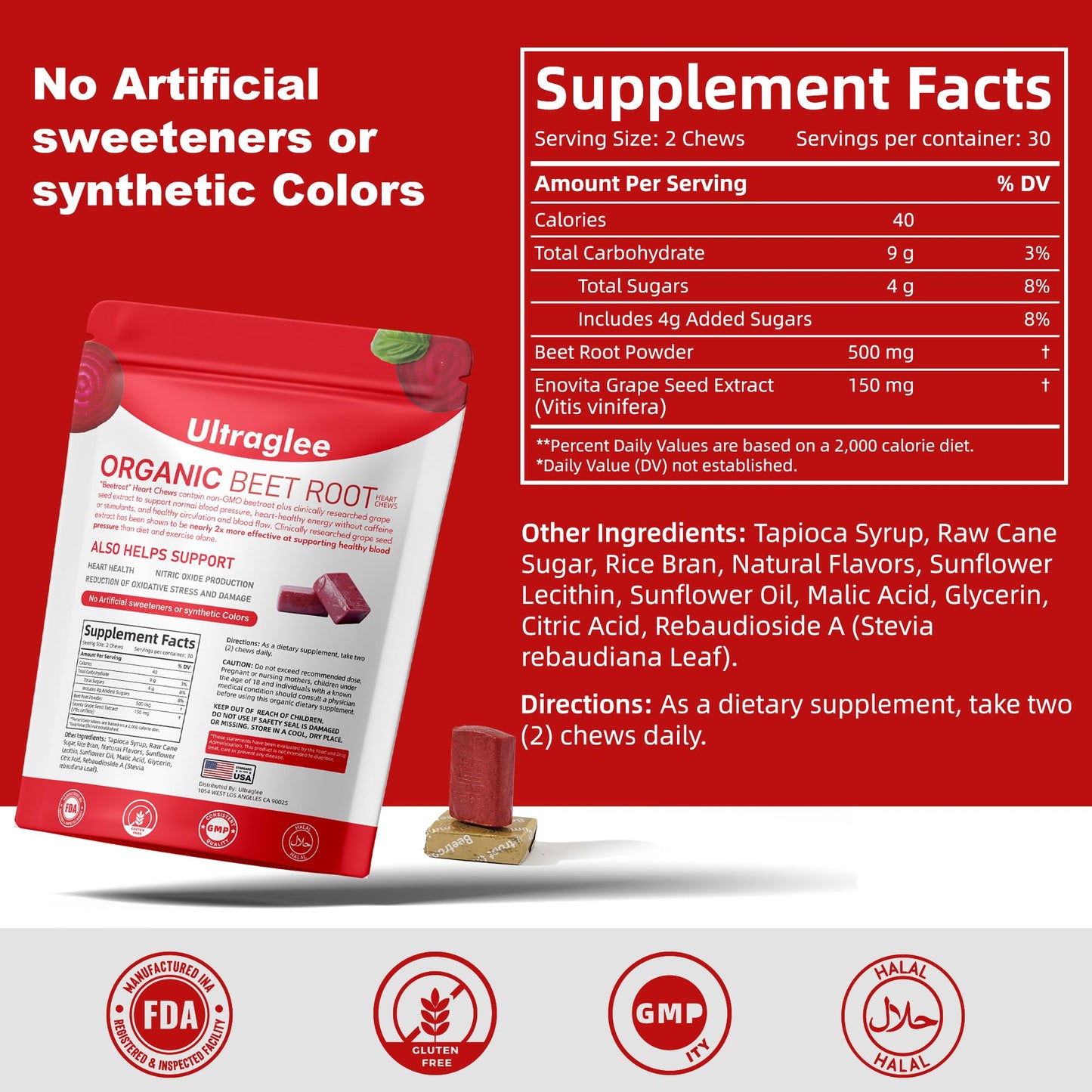 Ultraglee Beet Chews with Grape Seed Extract & Beet Root Powder Energy Supplement, 120 Chews
