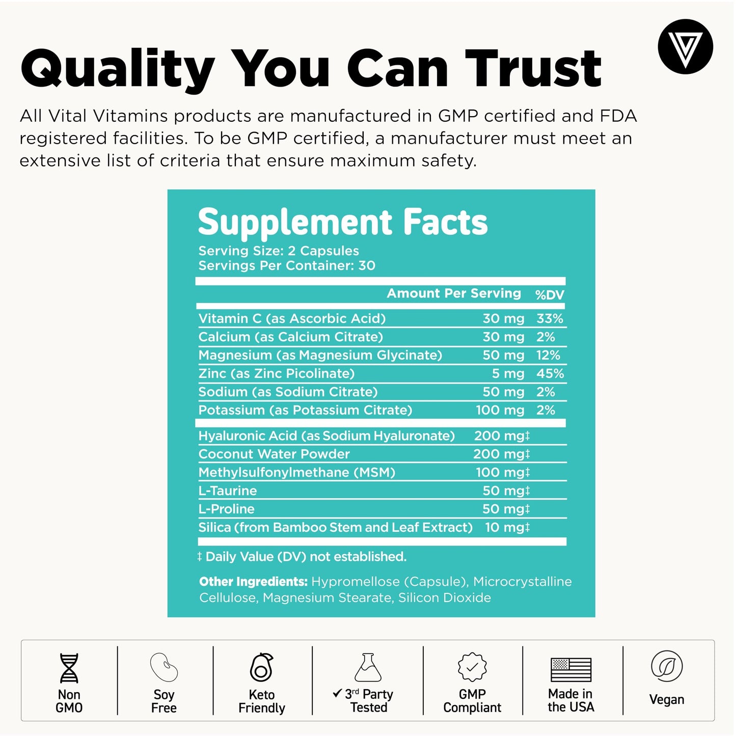Vital Vitamins Hyaluronic Acid Hydration Complex Capsules 60 Capsules