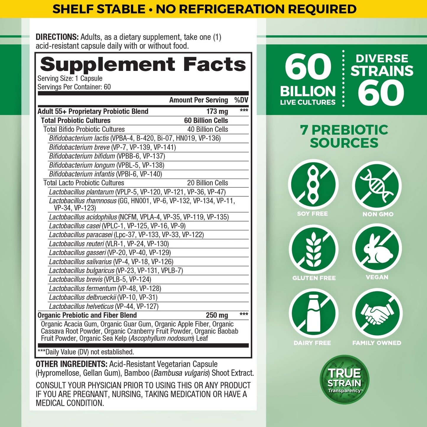 Vital Planet Vital Flora Adults Over 55 Daily Probiotic 60 Billion CFU, Diverse Strains, Organic Prebiotics, Immune and Digestive Health Shelf Stable Probiotics for Women and Men, 60 Capsules