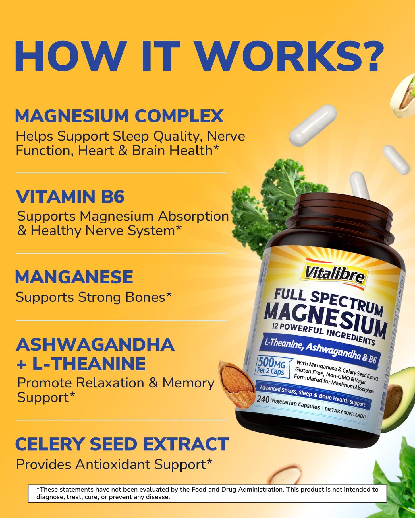 Vitalibre Magnesium Complex Supplement 500mg + Ashwagandha, L-Theanine, Vitamin B6 & Celery, High Absorption Magnesium Glycinate, Citrate, Malate, Sleep & Bone Support, 240 Capsules