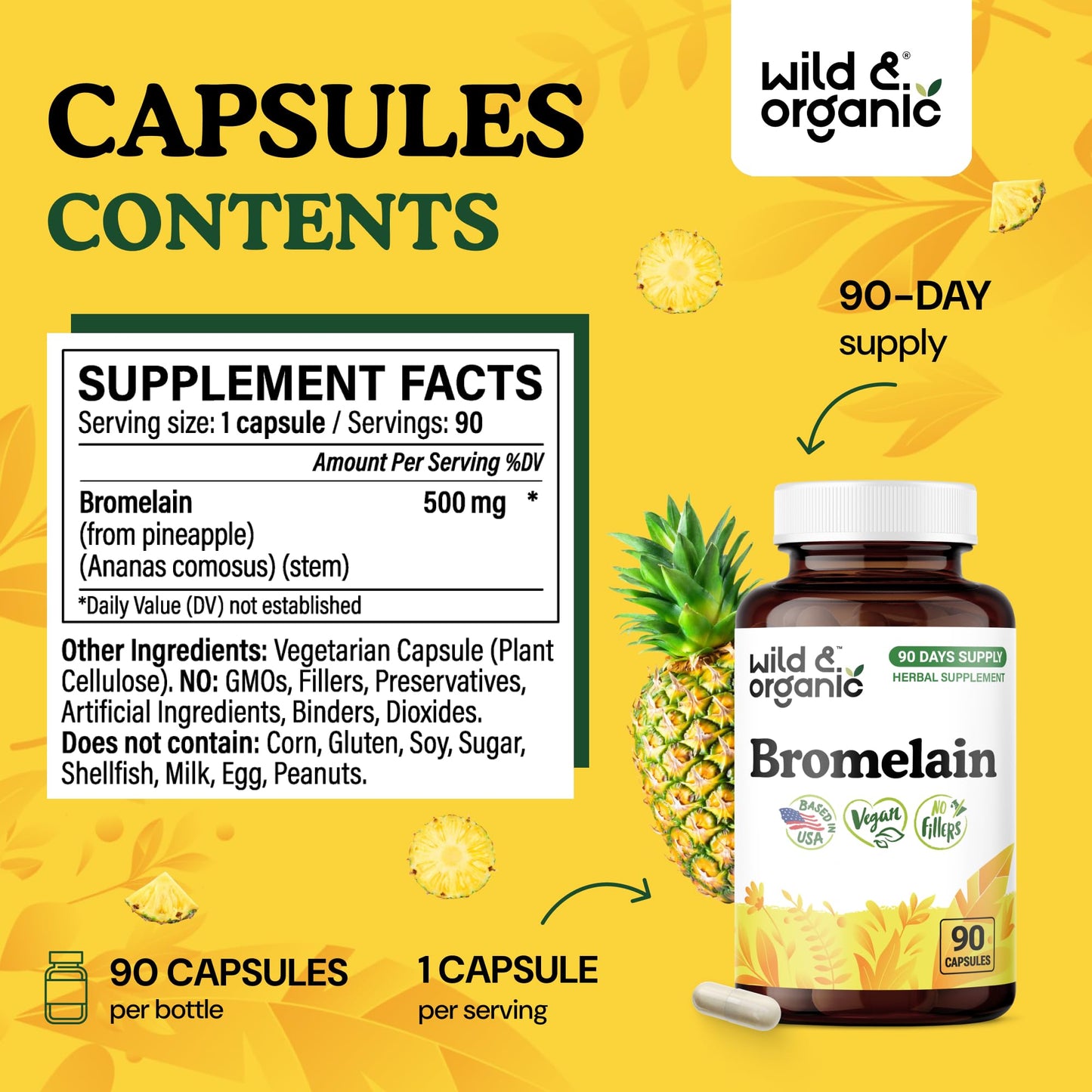 Wild & Organic Bromelain 500 mg Capsule, 90 Count
