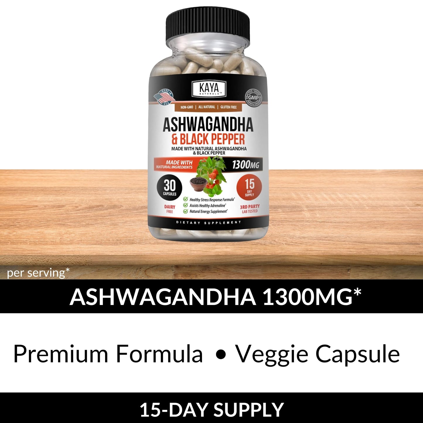 Kaya Naturals Ashwagandha Root with Black Pepper Capsules, 30 Count