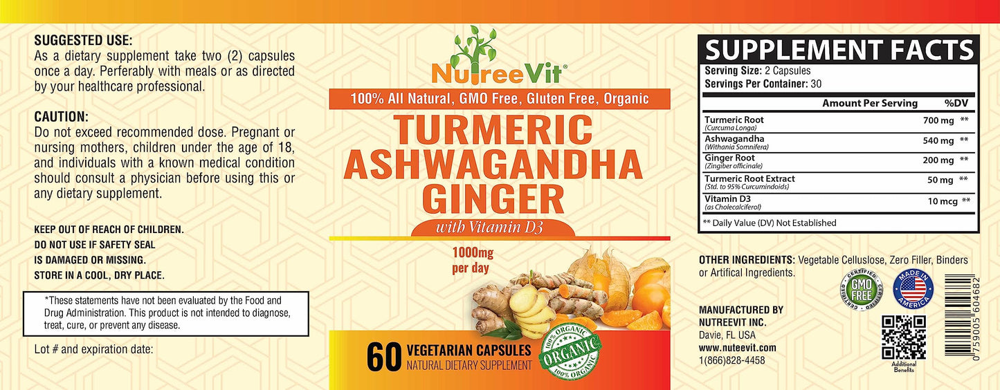 NutreeVit Turmeric Ashwagandha Ginger Vitamin D3 Capsule, 60 Count