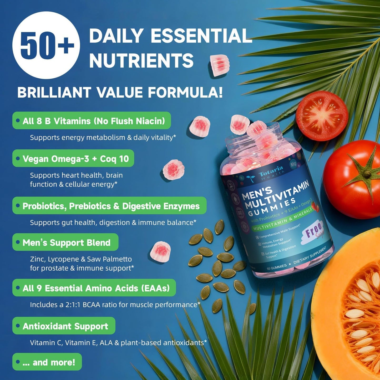 Totaria Sugar Free Men's Multivitamin Gummies with Omega-3, Probiotics, Methylated B Complex, BCAA, Lycopene, Zinc, 120-Count